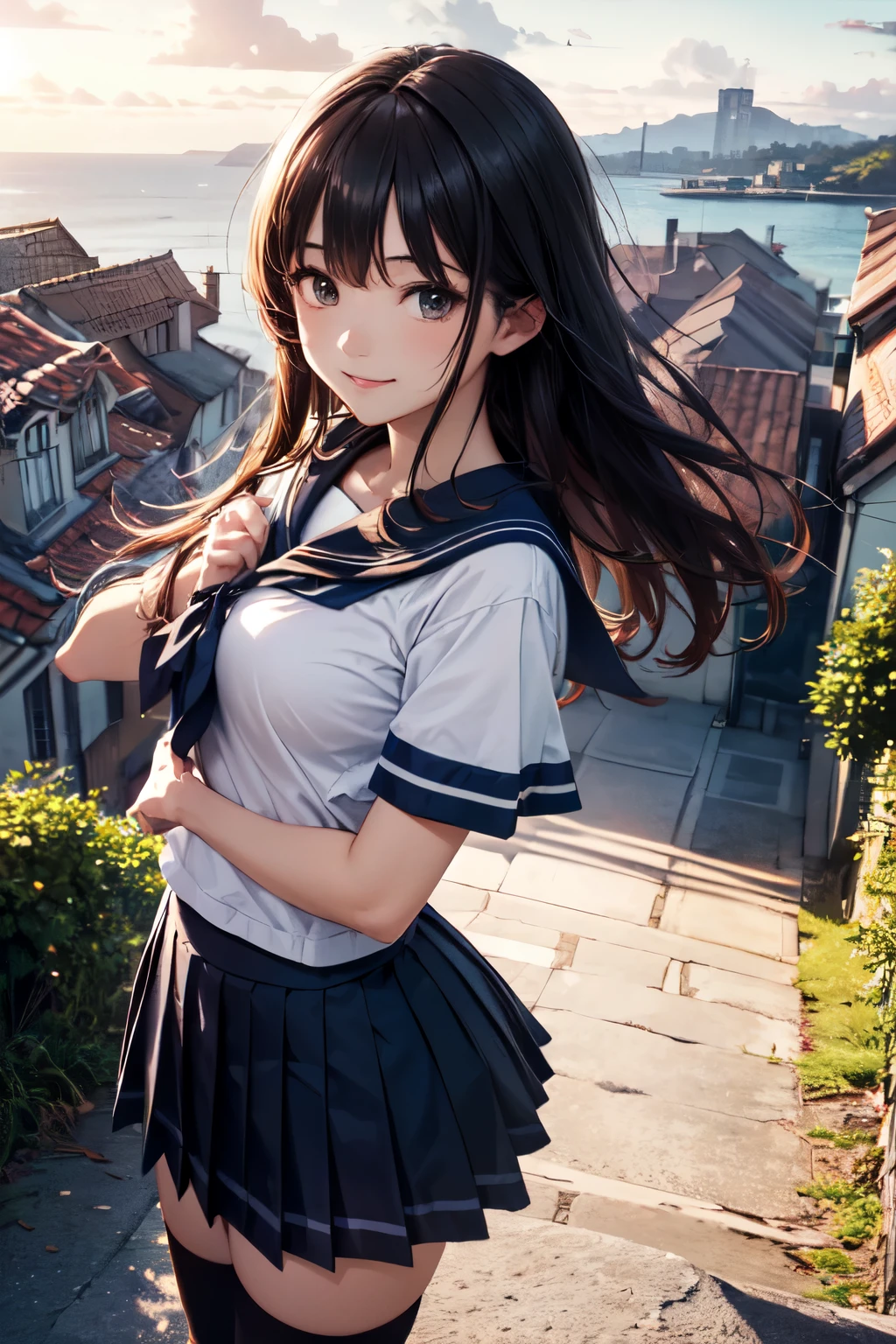 very cute and beautiful school girl viewing sea on hilltop,(highly detailed beautiful face),
(smile),cowboy shot,(sailor ,pleated navy blue mini skirt),black hair,zettai ryouiki,
(looking at sea,from top of hill),many houses with red roof,detailed landscape,
(best quality,masterpiece),absurdres,highres,ultra-detailed,extremely detailed,32k,8k resolution,
intricate details,cinematic scene,detailed background,solo,dynamic angle,
natural lighting,hair fluttering in the wind,beautiful detailed sky,