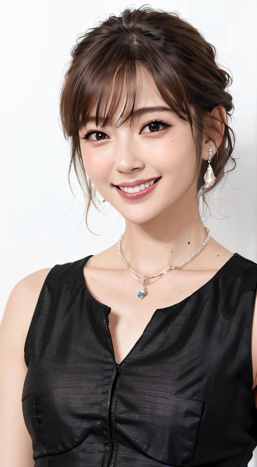 A close up of a woman wearing a black dress and a necklace - SeaArt AI