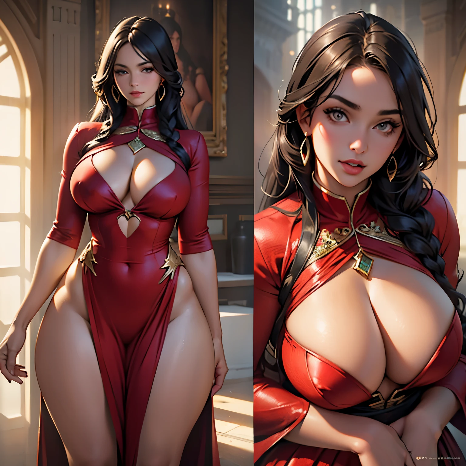 portrait of Brazilian woman, hourglass body, huge breasts, cleavage showing, wide hips, thick thighs, big butt, long detailed eyelashes, perfectly flat stomach, passionate look, sexy red dress, ultra high res, (photorealistic:1.4), UHD, RAW photo