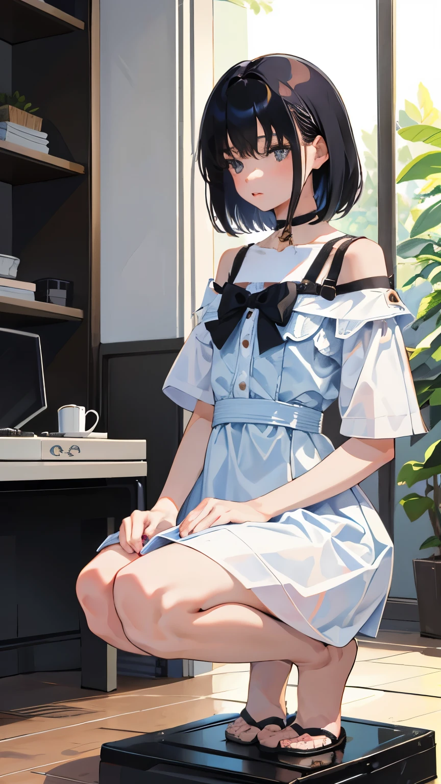 (short cute girl, young studeg delicate girl),(masterpiece,Top quality),squat,,short sleeve,black hair,sleepy
