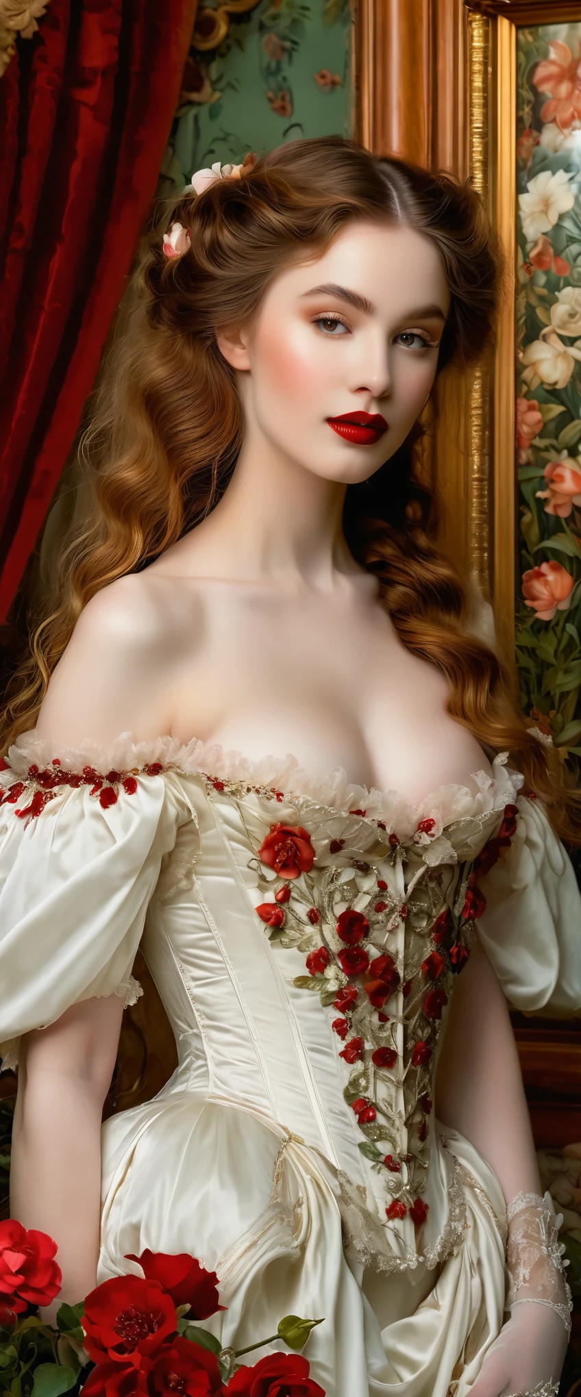 A seductive temptress with porcelain skin and blood-red lips, framed by the opulent trappings of a Victorian parlor. Inspired by Pre-Raphaelite art, her form is ethereal and romantic, with flowing locks and delicate features that evoke the beauty of a bygone era. realistic skin texture, smiling, large breast, standing in a flower garden behind n Victorian Palace, (full body:1.5)
