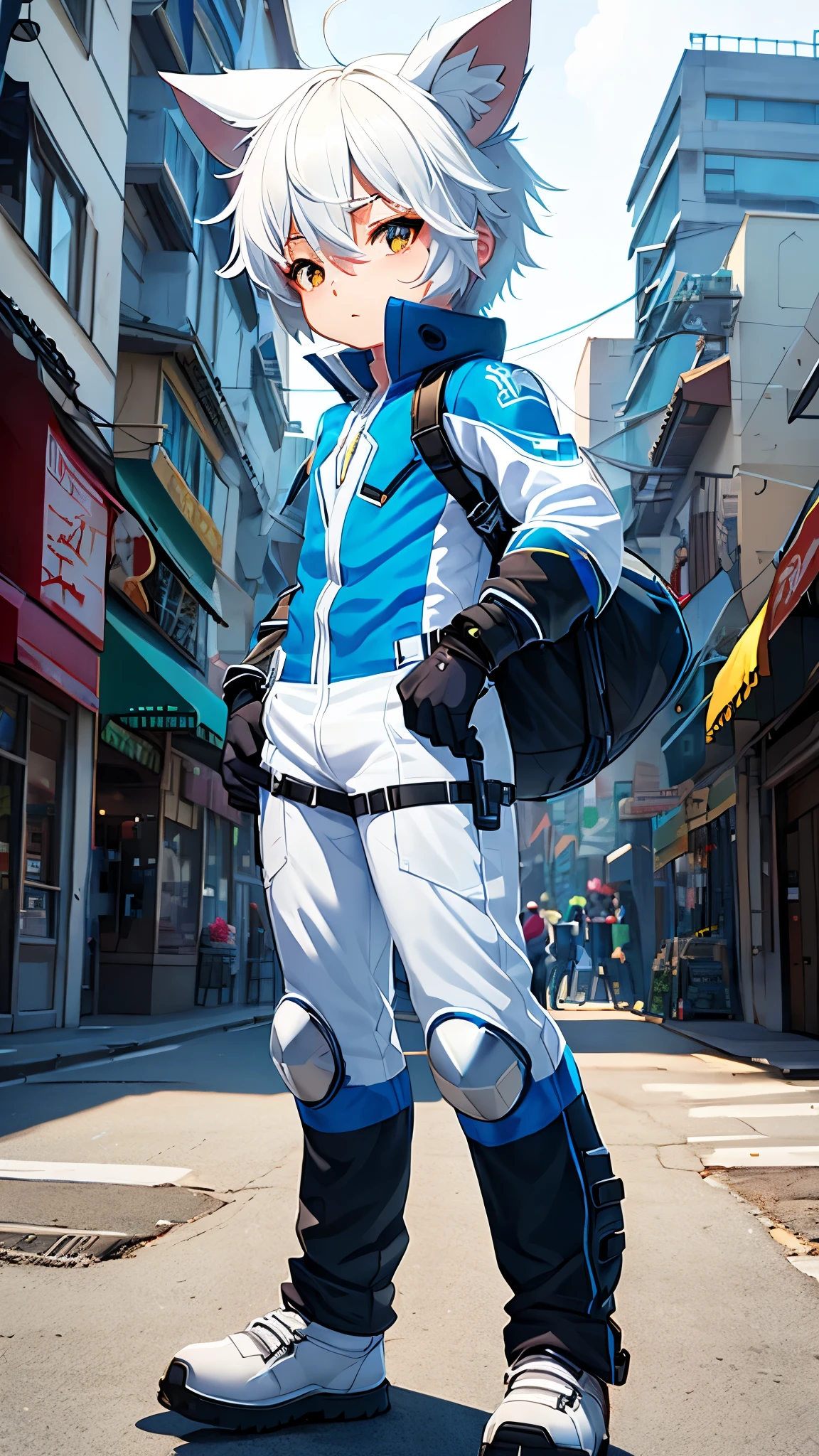 Game CG，4K quality，(( boy))，Youthful feeling，anime hero，wolf ears，(Tactical communication goggles)，full body portrait，blue bodysuit, young hero, White gloves, white boots, street background