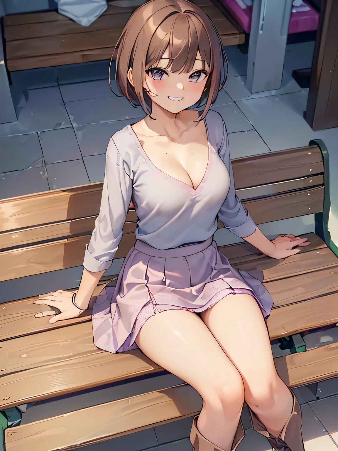 there is one woman、(The skirt is too short and you can see my pants.:1.8)、(Please show the composition as seen from the front..:1.5)、
(I am wearing a pink tiered sleeve V-neck T-shirt.:1.u can almost see her cleavage from the V-neck:1.5)、(I'A man wearing a gray flared miniskirt:1.8)、(I am wearing casual brown knee-length boots.:1.8)、(Pants with flashy colors and patterns:1.2)、
(woman has short brown hair:1.5), shining eyes, (A provocative grin:1.5),
(The location is a high bench in a shopping mall..:1.8)、
highest quality, High resolution, realistic pictures, realistic skin,