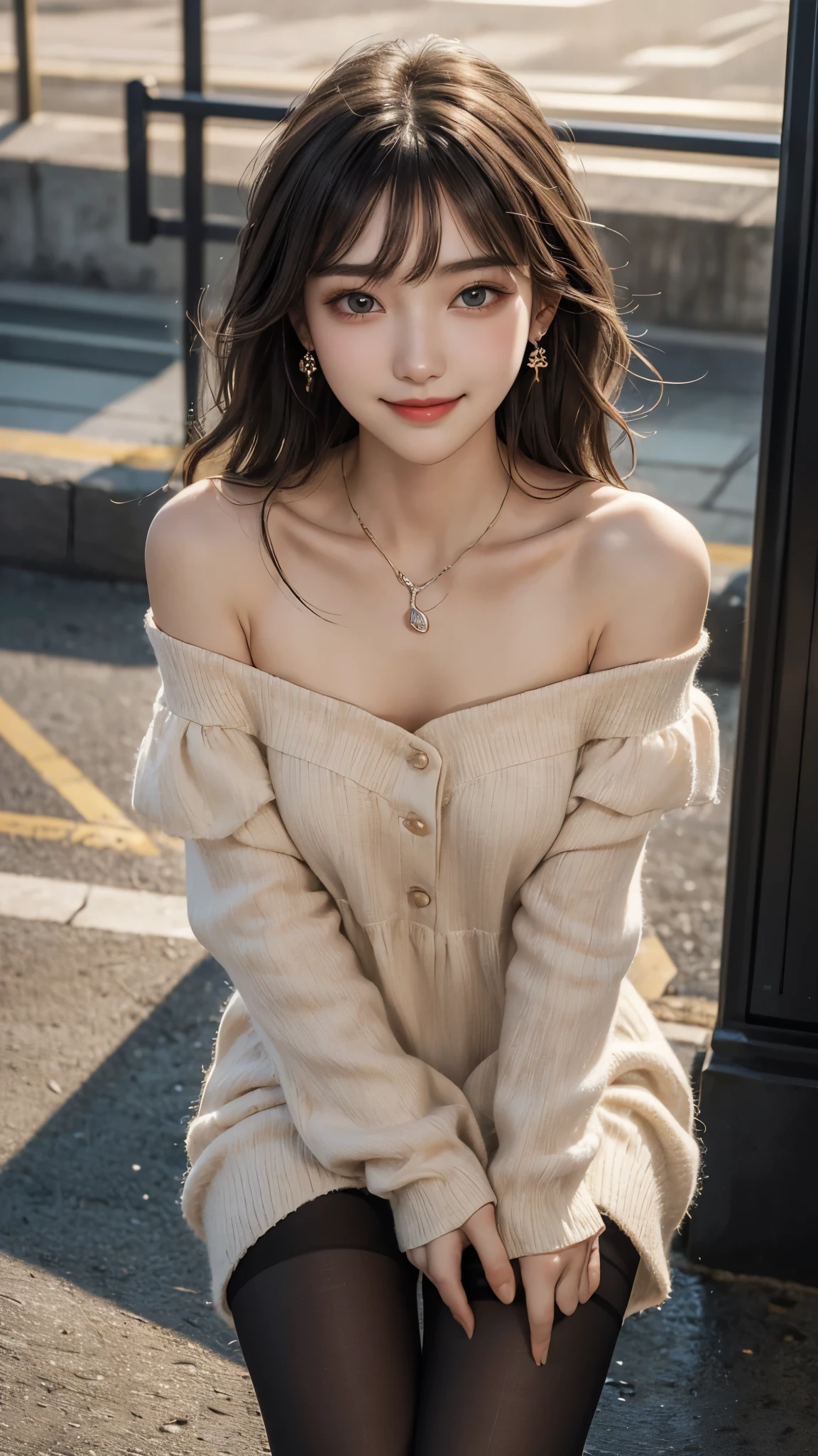 1 girl, very bright backlight, alone, {beautiful and detailed eyes}, big breasts, dazzling, calm expression, natural soft light, hair blowing in the wind, delicate features, dull bangs, beautiful korean girl, with a smile in your eyes, very small earrings, (彼女はグレーのボディコンミニdressを着ています,off shoulder_dress,black pantyhose:1.3),necklace,,23 years old, film grain, real hand,shy smile,Photographed from above the knees,sexy pose