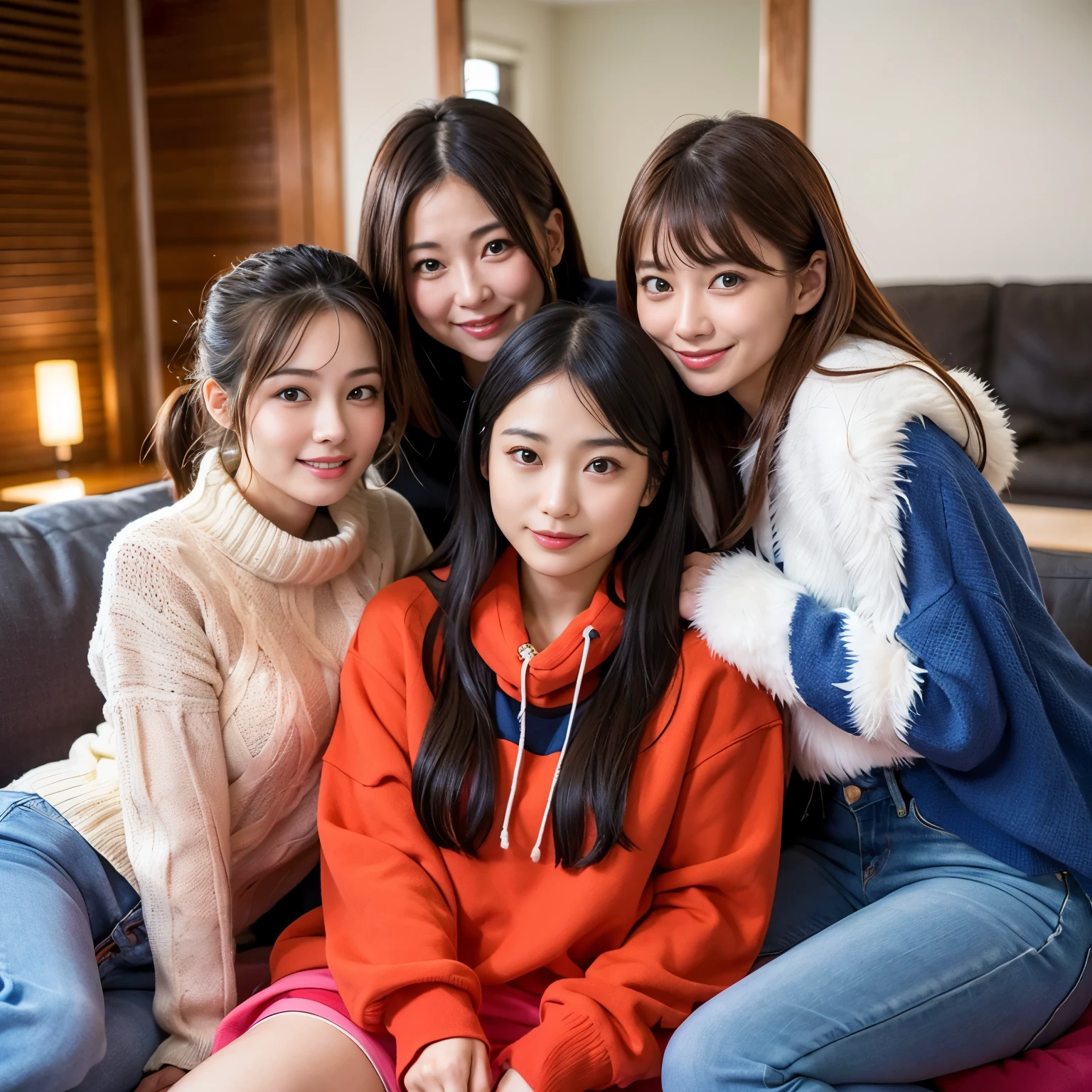Best-quality, Masterpiece, Ultra-High-Resolution, (Photorealistic:1.4), Raw-Photo, Extremely-Details, Perfect-Anatomies, (3-girls), 18-years-old and the most popular Japanese idol, 38-years-old and the most popular Japanese actress, 28-years-old and the most popular Japanese model, (all having a lot of fun at home-party), all sitting luxury-sofa, all different faces, extremely cute face like the most popular Japanese idol, extremely beautiful face like the most popular Japanese actress, extremely pretty face like the most popular Japanese model, all extremely beautiful eyes, all extremely beautiful and each different colored hair, all extremely beautiful skins, (((all wearing winter-clothes)))