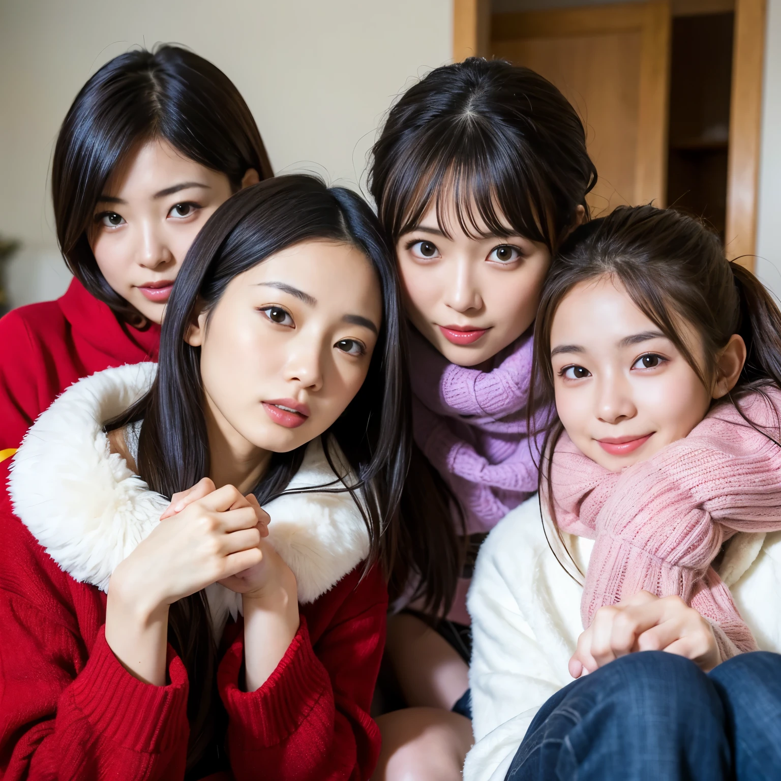 Best-quality, Masterpiece, Ultra-High-Resolution, (Photorealistic:1.4), Raw-Photo, Extremely-Details, Perfect-Anatomies, (3-girls), 18-years-old and the most popular Japanese idol, 38-years-old and the most popular Japanese actress, 28-years-old and the most popular Japanese model, (all having a lot of fun at home-party), all sitting luxury-sofa, all different faces, extremely cute face like the most popular Japanese idol, extremely beautiful face like the most popular Japanese actress, extremely pretty face like the most popular Japanese model, all extremely beautiful eyes, all extremely beautiful and each different colored hair, all extremely beautiful skins, (((all wearing winter-clothes)))