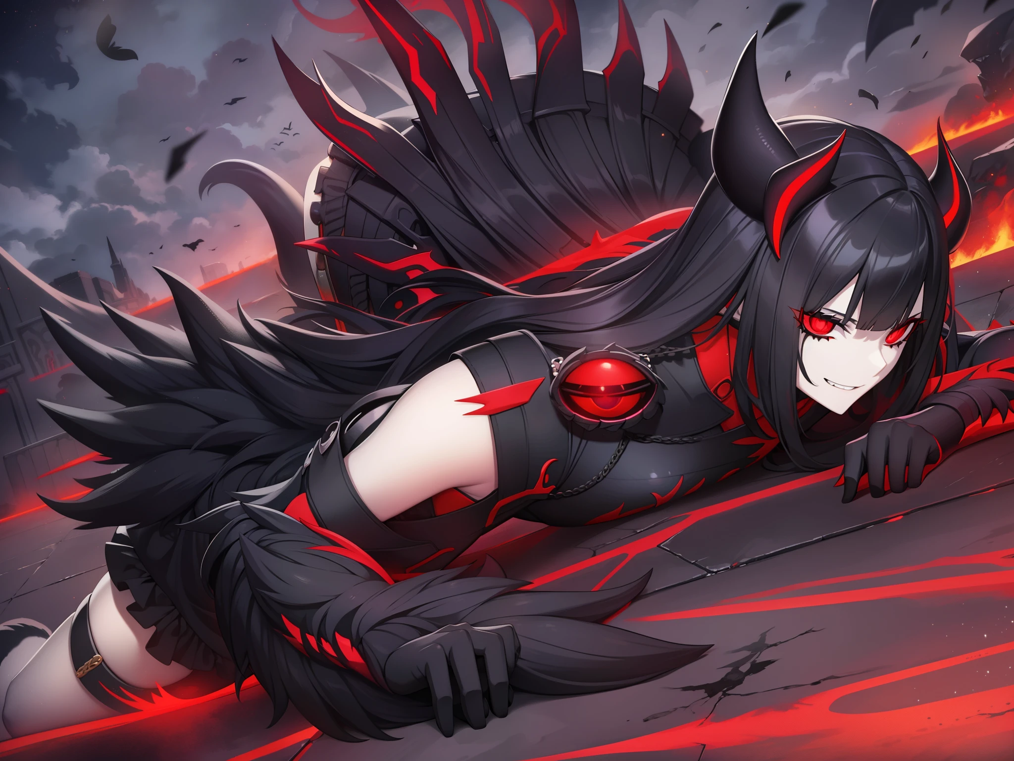 Hellhound, monster girl encyclopedia, black skin, black sclera, red eyes