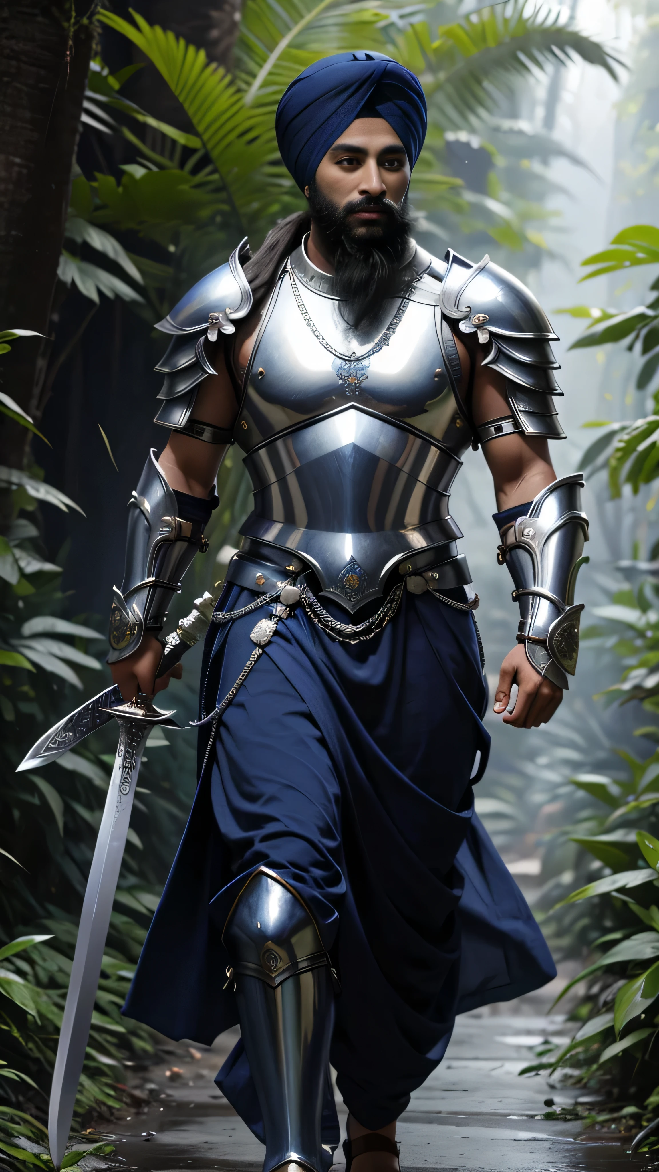 1boy,(Sikh),big navy blue Dumalla sahib, navy blue outfit, greek god's armor silver and navy blue, armor shining and glowing, silver long sword polished, walking through jungle, sword in hand, portrait, highly detailed, 8k, ultra hdr,