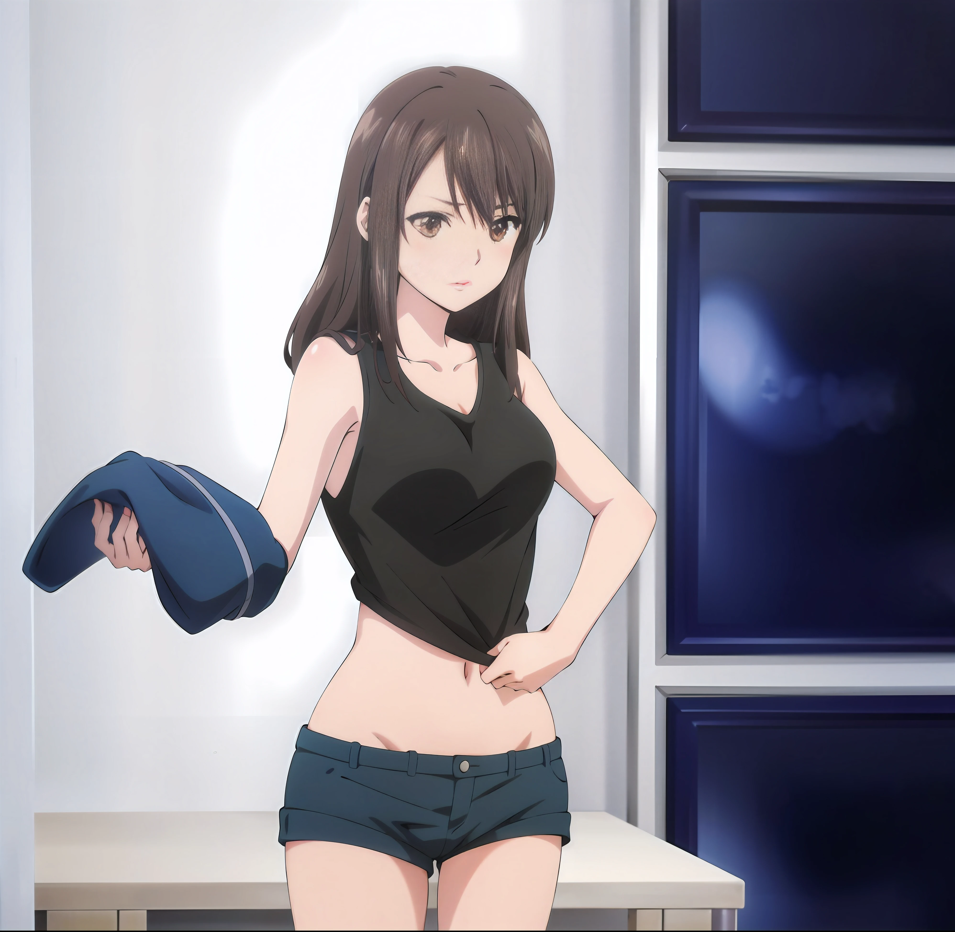 Anime girl wearing black top and blue shorts standing in front of the window, Still from TV animation, seductive anime girl, Anime Best Girls, official anime stills, cartoon animation, official studio anime stills, sankakucomplex anime image, revealing clothes, black moody scene, in anime, an anime girl, female anime characters, Anime cute art style, anime stills
