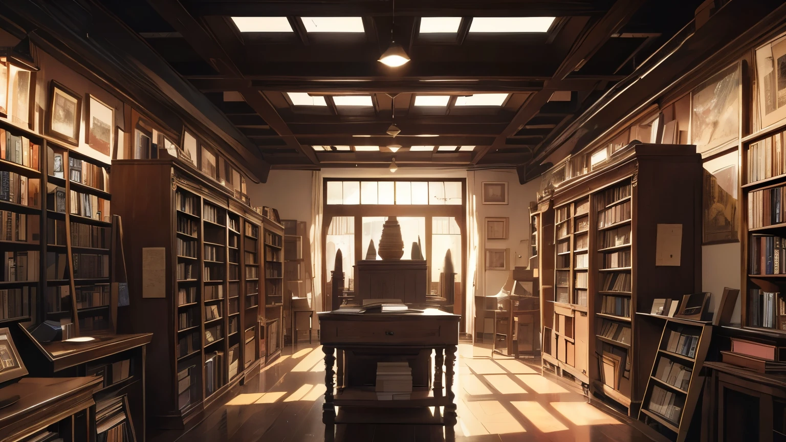 CG, unity, 8k, wallpaper, highest quality, masterpiece, Used bookstore with no people, best lighting, complex pupils, complex textile, detailed background, at a used bookstore, many books are stacked up, scattered books, (evening: 1.5), (Nostalgic and ephemeral atmosphere: 1.5), (A picture dyed in madder red: 1.2), particles of light, high angle, sit in a chair and look up at the viewer