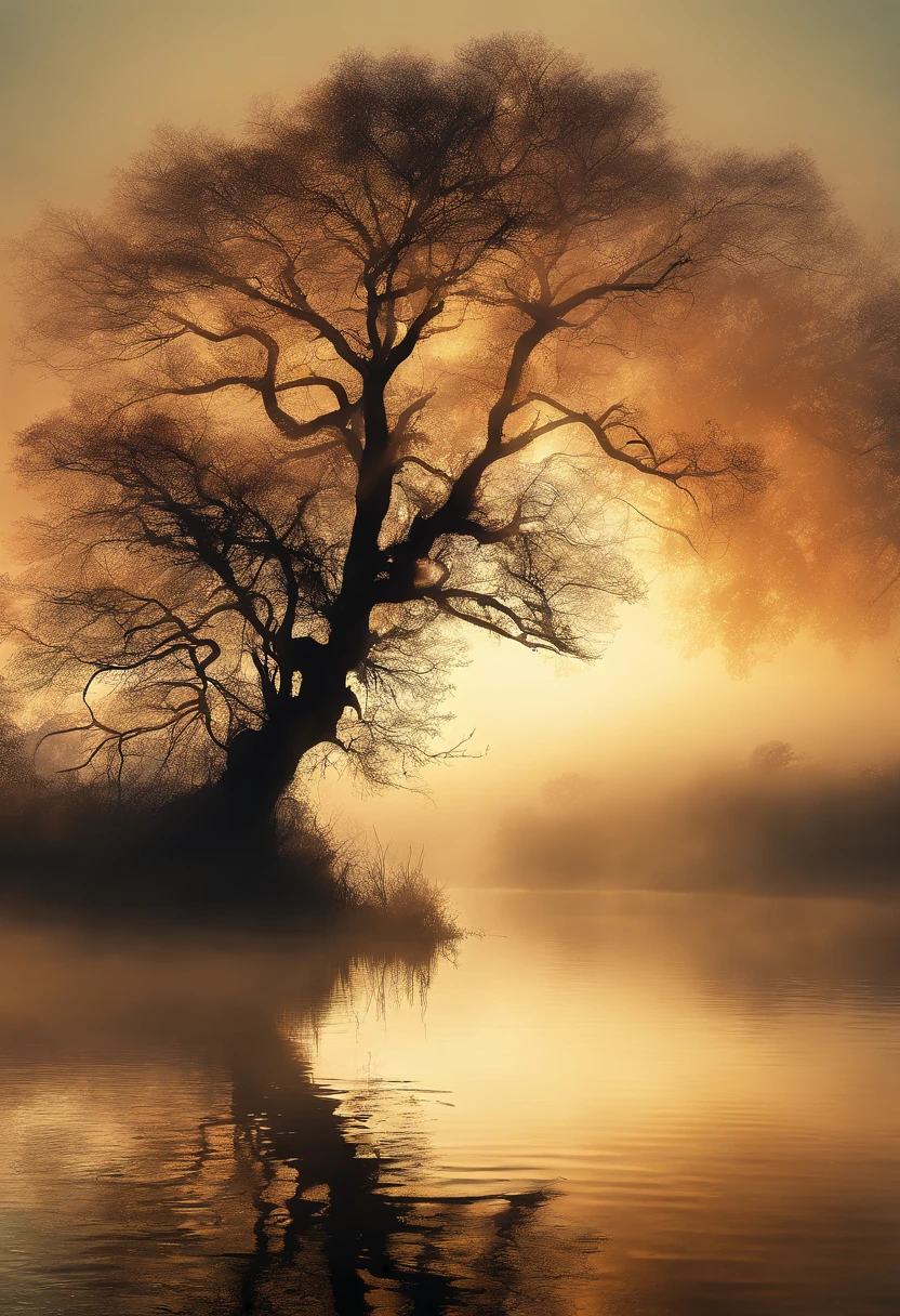 
            The mysterious atmosphere of light and shadow art. The silhouette of a big tree merges with the vast space. The reflection of the lake behind creates a sense of interconnection. Calm and dreamy fog. High-definition minimalist atmosphere. Ethereal and mysterious Zen style. High details.,super quality,High resolution,Ultra HD Minimalist Cinematic Lighting Effects Highly Detailed Digital Art，fantasy art behavior，surreal