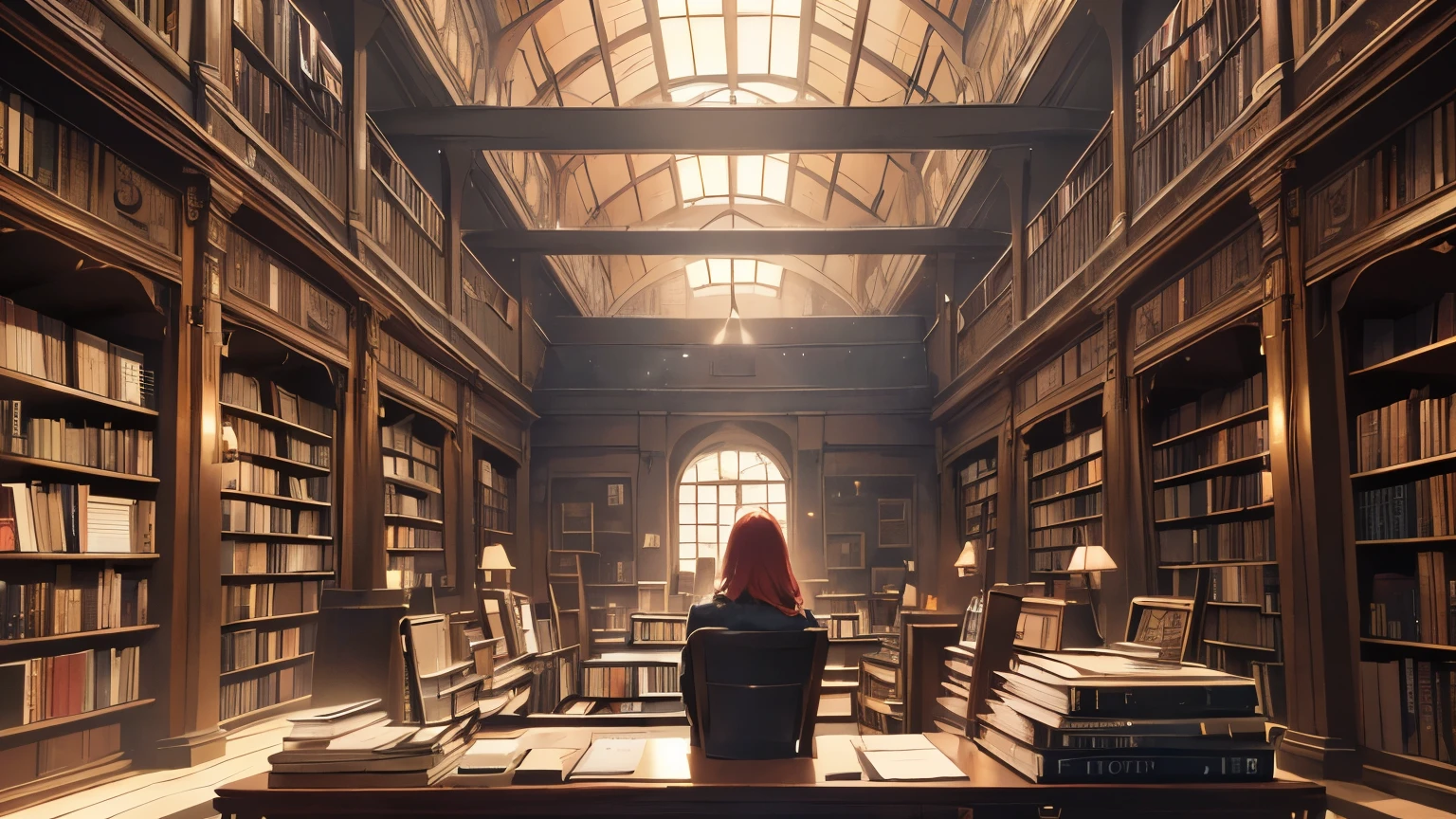 CG, unity, 8k, wallpaper, highest quality, masterpiece, Used bookstore with no people, best lighting, complex pupils, complex textile, detailed background, at a used bookstore, many books are stacked up, scattered books, (evening: 1.5), (Nostalgic and ephemeral atmosphere: 1.5), (A picture dyed in madder red: 1.2), particles of light, high angle, sit in a chair and look up at the viewer