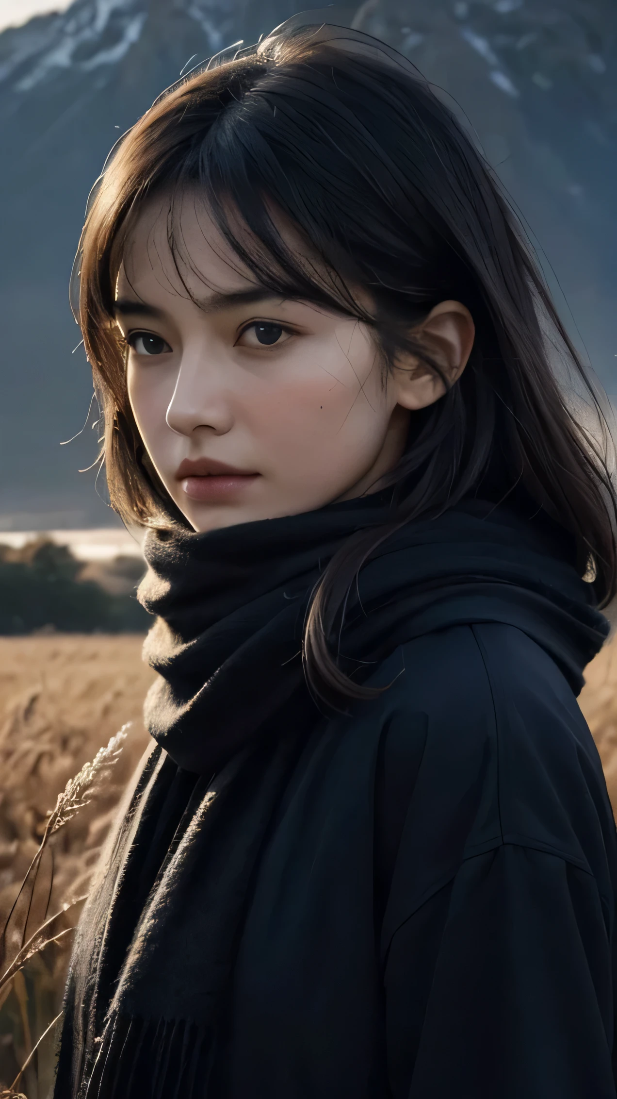 8k, best quality, masterpiece, realistic, ultra detail, photo realistic, Increase quality, 
a photo of a girl standing in a field with a scarf, in the style of dark and brooding designer, voluminous mass, photobash, serene faces, jagged edges, navy, natural beauty, close-up shot
