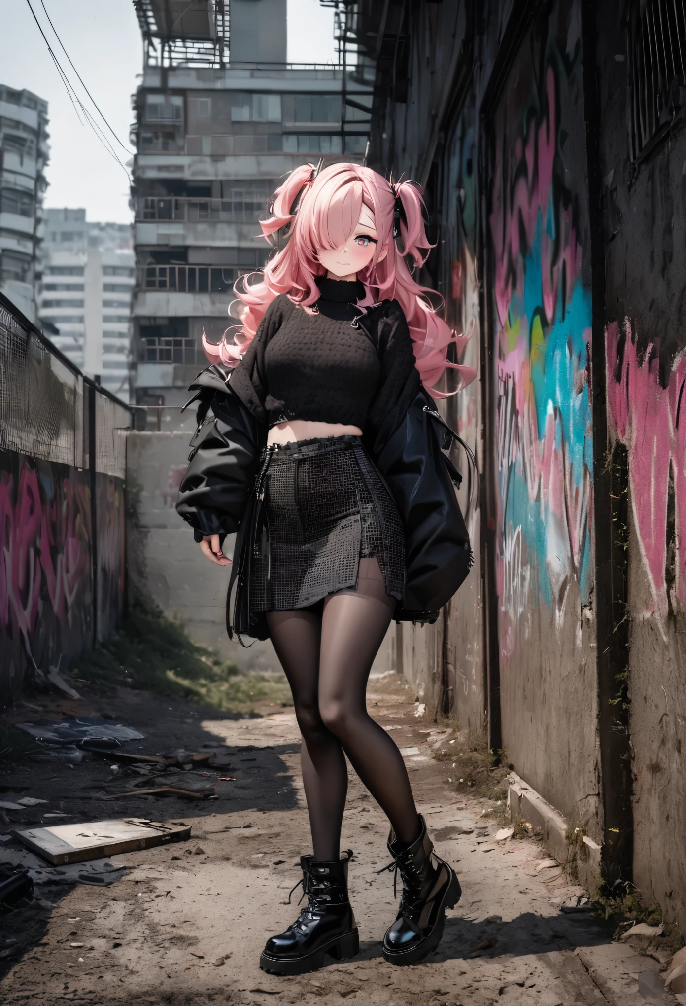 best quality, 8k, RAW photo, incredibly absurdres, extremely detailed, delicate texture, cute woman, two side up messy wavy pink hair, hair over one eye, wearing punk fashion, fluffy long-pile knit sweater, red checked miniskirt, amorous and lewd expression, superlative body proportion, black pantyhose, black engineer boots, background abandoned building, wire mesh, fence, graffiti, iridescent vivid color