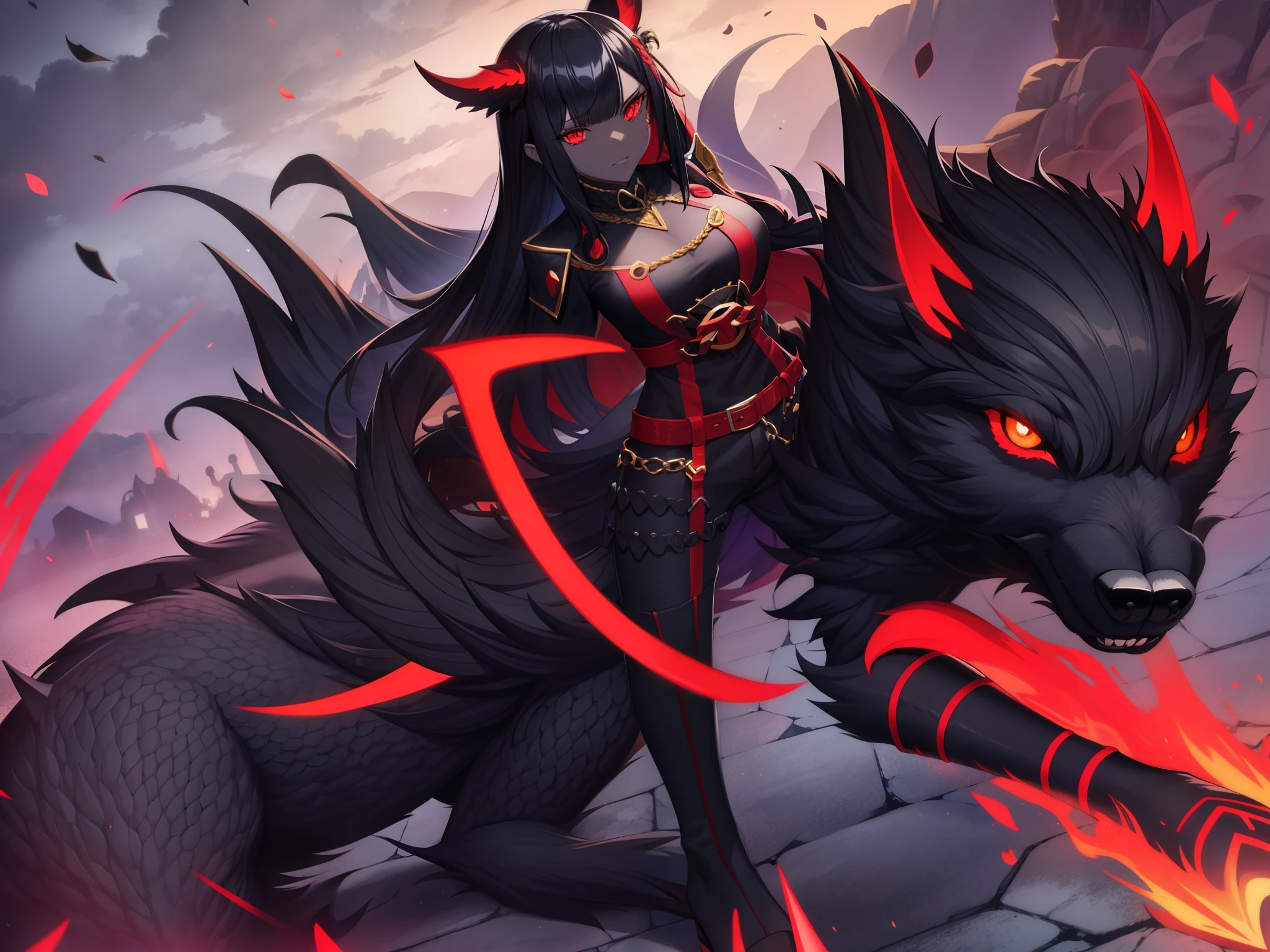 Hellhound, monster girl encyclopedia, black skin, black sclera, red eyes