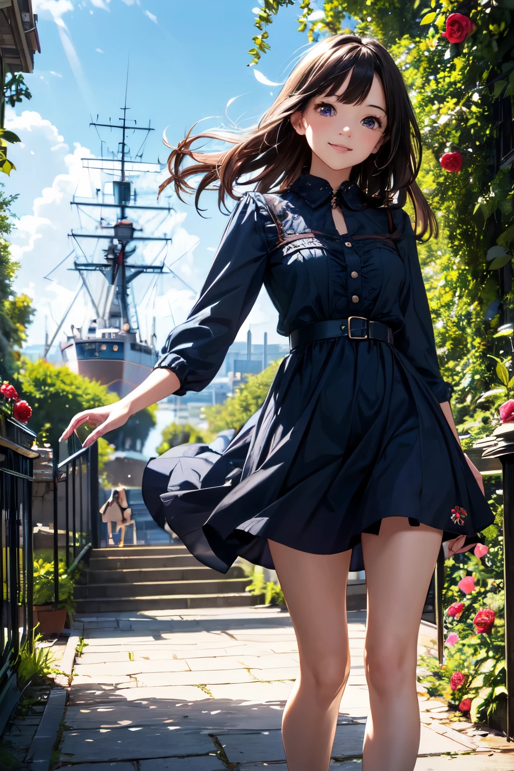 very cute and beautiful girl,(highly detailed beautiful face),(smile),cowboy shot,
navy blue frilled dress,standing,stylish pose,(detailed legs,mini skirt:0.9),
black hair,(rose garden),navy harbor,warships in distance,
(best quality,masterpiece),absurdres,highres,ultra-detailed,extremely detailed,32k,8k resolution,
intricate details,cinematic scene,detailed background,solo,dynamic angle,
solo,natural lighting,hair fluttering in the wind,beautiful detailed sky,