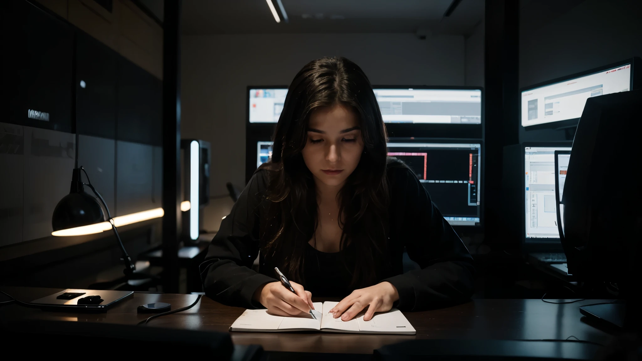 A stunning 24-year-old girl with long, luscious hair and captivating lips, immersed in the dark world of hacking. Her fingers fly across the keyboard as she uses an array of devices to break into the system.

