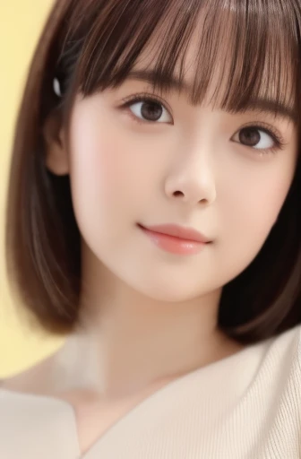 masterpiece, highest quality, 8K, disorganized, (Upper body:1.4), white shirt, beautiful girl, cute face, looking at the viewer, smile, surreal, High resolution, photo shoot, film grain, chromatic aberration, sharp focus, HDR, face light, dynamic lighting, cinematic lighting, professional shadow, simple background, (dull yellow background:1.4), most detailed, very detailed, super detailed, finely, real skin, delicate features, detailed face and eyes, sharp pupils, realistic student