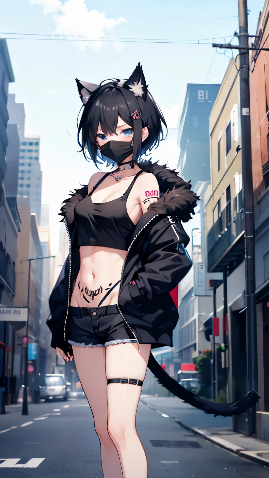 4k,High resolution,one woman,girl,black hair,short hair,cat ears,cat tail,slanted eyes,blue eyes,,slender,small breasts,tits,hoodie,fur,,Tank top,first round,black mechanical mask,shorts,navel,Tattoo stickers