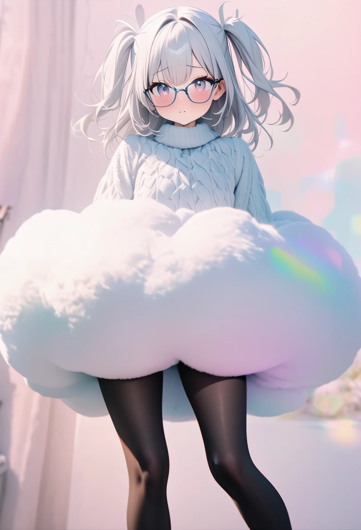 best quality, 8k, RAW photo, incredibly absurdres, extremely detailed, delicate texture, cute woman, glasses, two side up messy wavy white hair, wearing fluffy long-pile knit sweater, fluffy skirt, amorous and lewd expression, superlative body proportion, black pantyhose, black engineer boots, background iridescent pastel color
