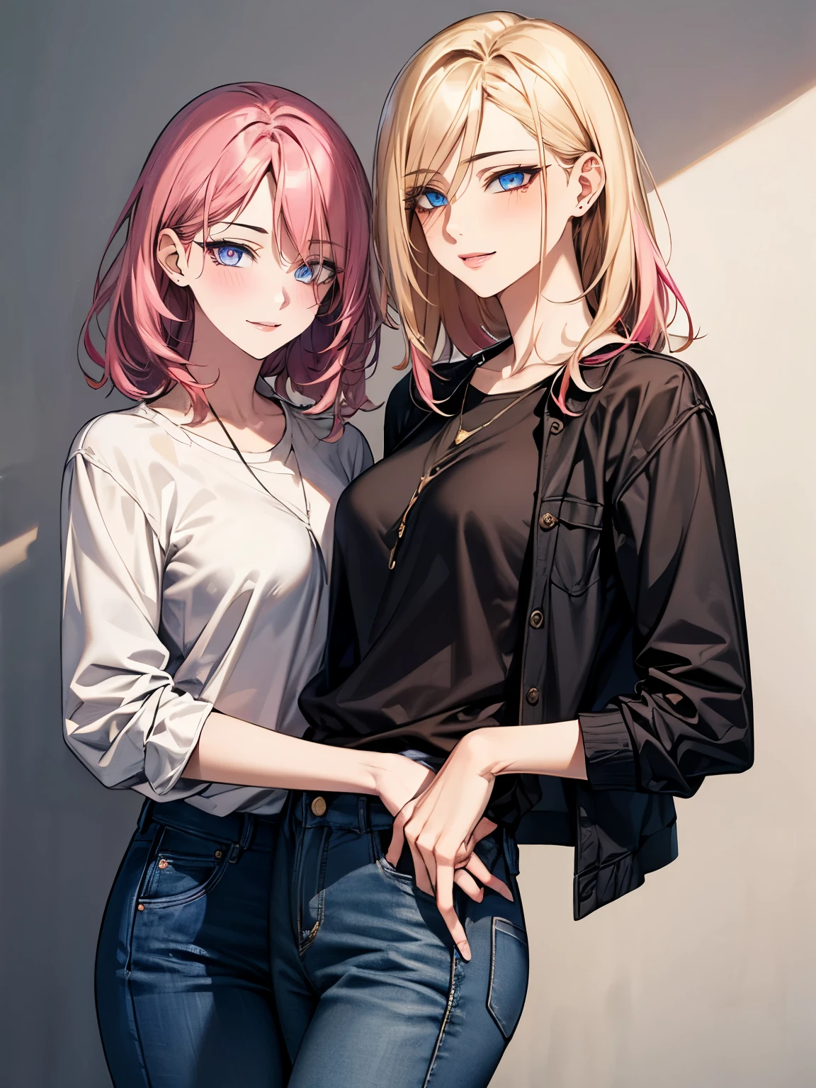 (UHD, masterpiece, textured skin, super details, high details, high quality, best quality), detailed face, 2 female Character, beautiful and mature women,
(character 1: pink hair, wearing a white blouse and jeans);
((character 2: blonde hair, wearing black Shirt, jacket and jeans), Two female characters, ((Casual outfit) ((The two girls have different colored eyes from each other))