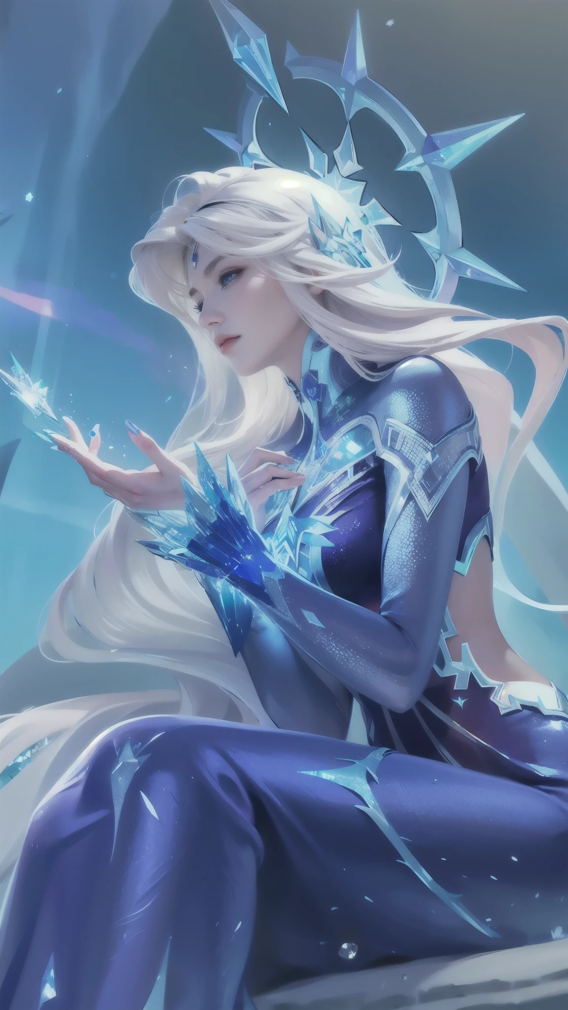 (female:1.2), 8k, ultra hd, ultra detailed texture, hyper realistic, masterpiece, detailed texture, detailed face, detailed skin, detailed lighting, (photorealistic:1.5), best quality, beautiful lighting, cinematic lighting, professional lighting, ultra highres, realistic, detailed hair, real hair, high quality, (realskin:1.5), extremely detailed, finely detail, ultra-detailed, red lips, long hair, white hair, aurora \(mobile legends\), depth of field, white skin, amazing pose, outdoors, glowing, there is a woman sitting on a rock with a crystal in her hand, ice sorceress, queen of ice and storm, ice mage, ice queen, crystalline skin, beautiful ancient frost witch, ice spell, goddess of winter, beautiful celestial mage, crystal maiden, blue eyes