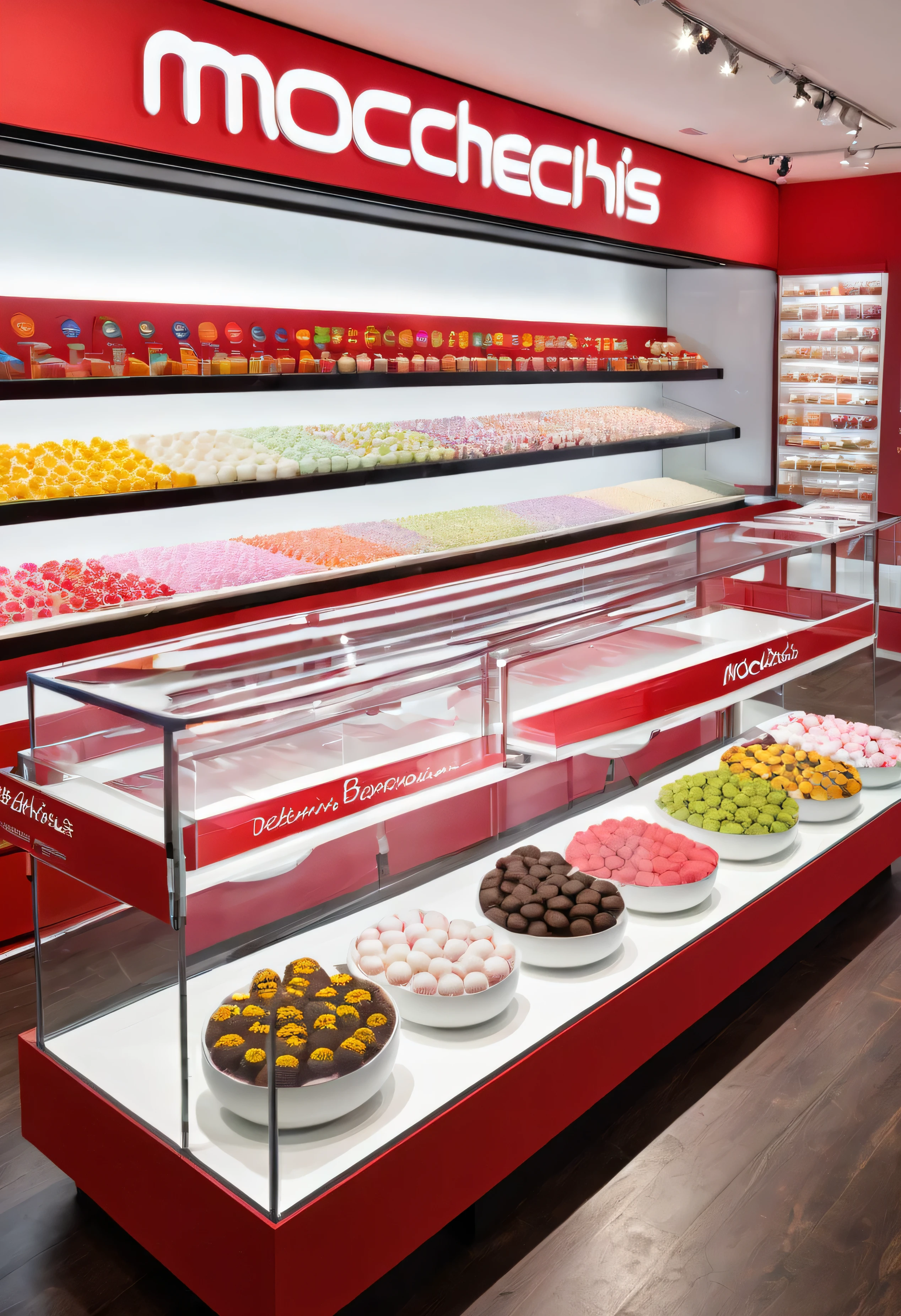 Gran tienda con meses Mochis y sillas con logo DeliMochis y Barranco. vitrina larga transparente en rojo