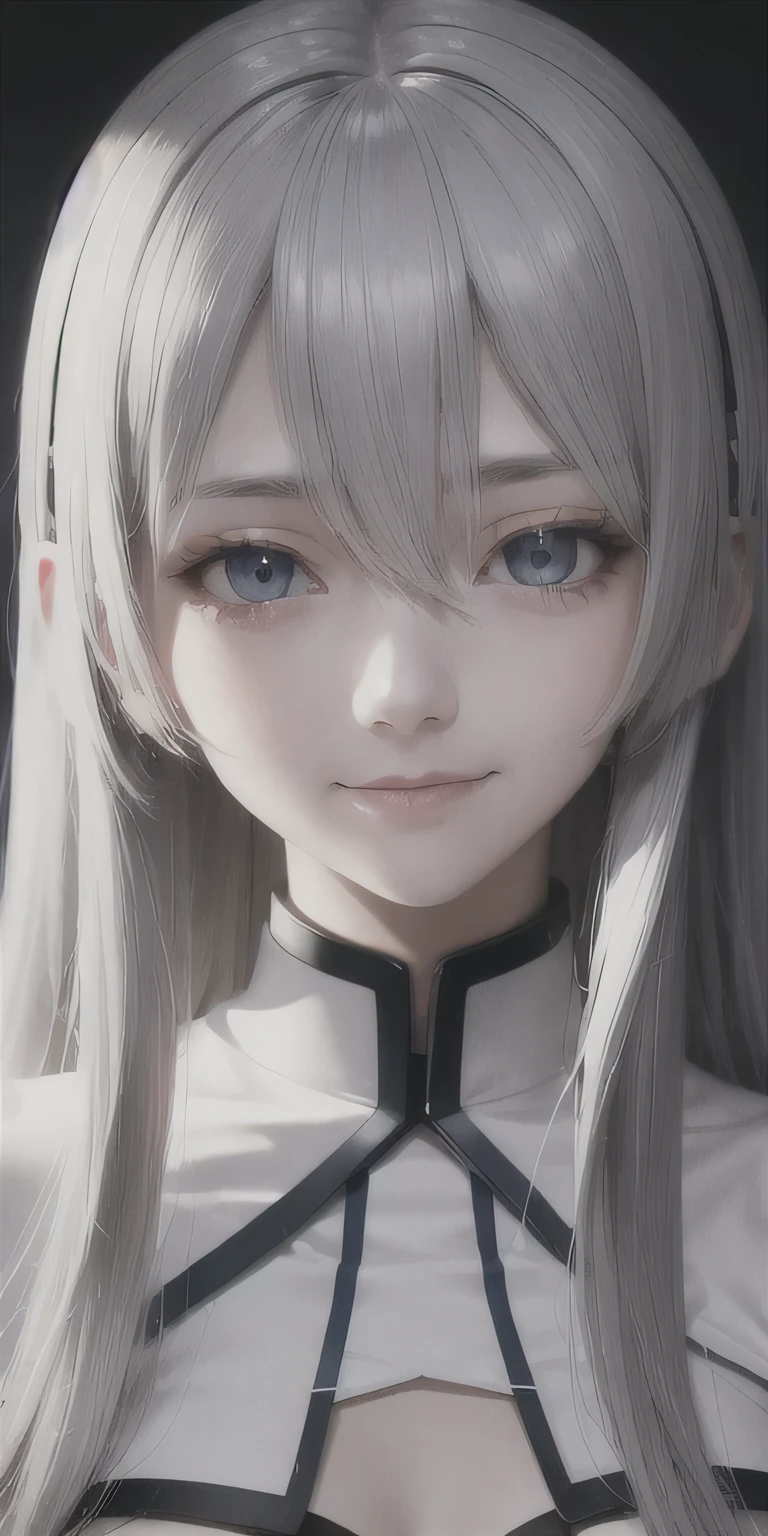 highest quality, masterpiece,gray hair, blue eyes, look up, Upper body,white clothes,long hair,smile,rei ayanami,