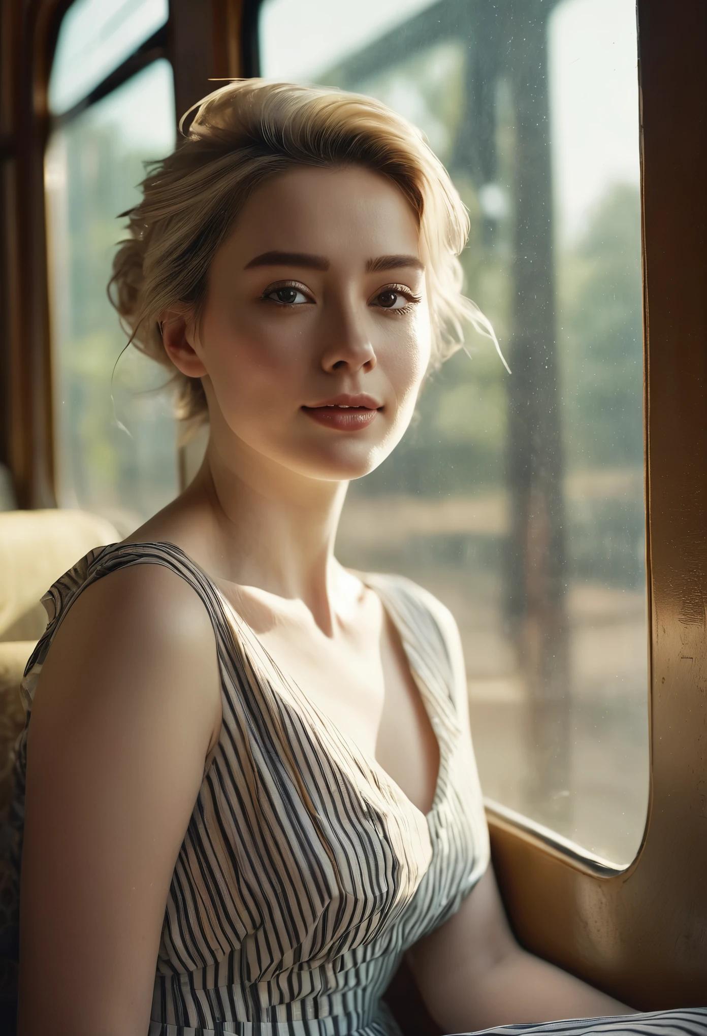 (Best quality, Ultra detailed, Golden ratio, Masterpiece:1.2), Theatrical lighting:0.7, Photo of a woman, dressed in a very elegant and pretty dress, Perfect rare face, (Highly detailed skin), randomly dyed hair, Hide your mouth with your hands、Ridicule, skin texture, Pale skin, shiny skin, (thin, large size:1.2), [:(Sharp focus on rare face, perfect eyes:1.2):0.2], photorealistic, film grain, Put one foot forward、from below looking up、look at camera、Emphasize the shoulders, Focus on face、Stockings、glasses、Smile with corners of mouth raised、disdainful expression, summer haze, muted colors, muted warm colors, Photo cinematic portrait of a woman dressed in a striped dress sitting by the window in the early morning, cinematic, (tilted:1.3) (on an old train) look cautious, standing under a spotlight, volumetric dust clouds, key light, backlight, soft natural lighting, photography Film grain ISO 400 30 mm lens RAW f1.8 aperture, highly detailed (analog photography:1), colors hdr