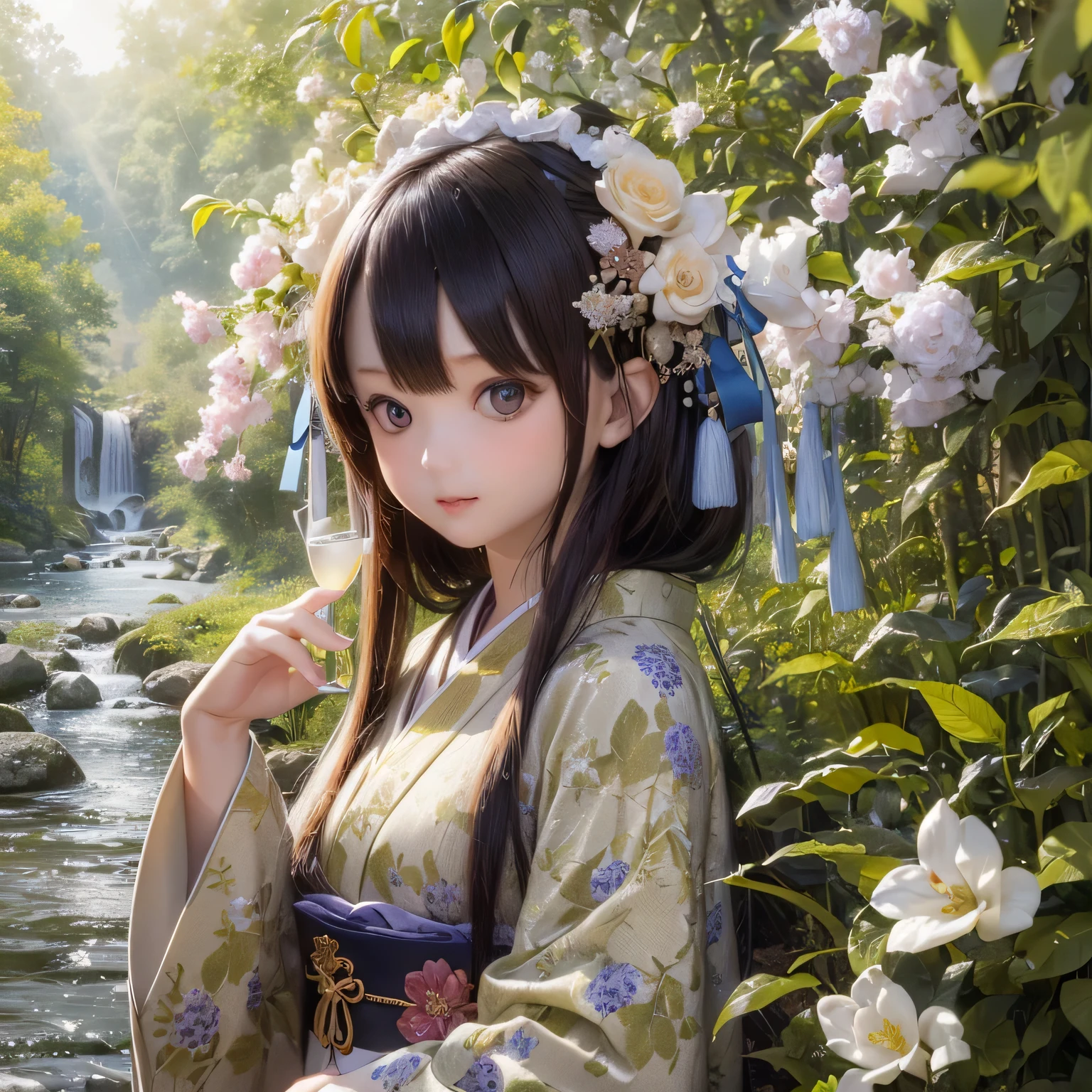 (High resolution, realistic:1.2),(detailed and beautiful eyes,beautiful detailed lips,highly detailed eyes and face,long eyelashes),(rural scenery,calm atmosphere),(Shiba Inu girl:1.1),(soft lighting),(oil painting style),(Lush green fields,Quiet river),(traditional japanese house),(flowing traditional kimono),(colorful flowers),(birds flying in the sky),(bamboo forest),(sunlight filtering through the trees)(((Cherry tree in full bloom)))Princess cut with open arms
