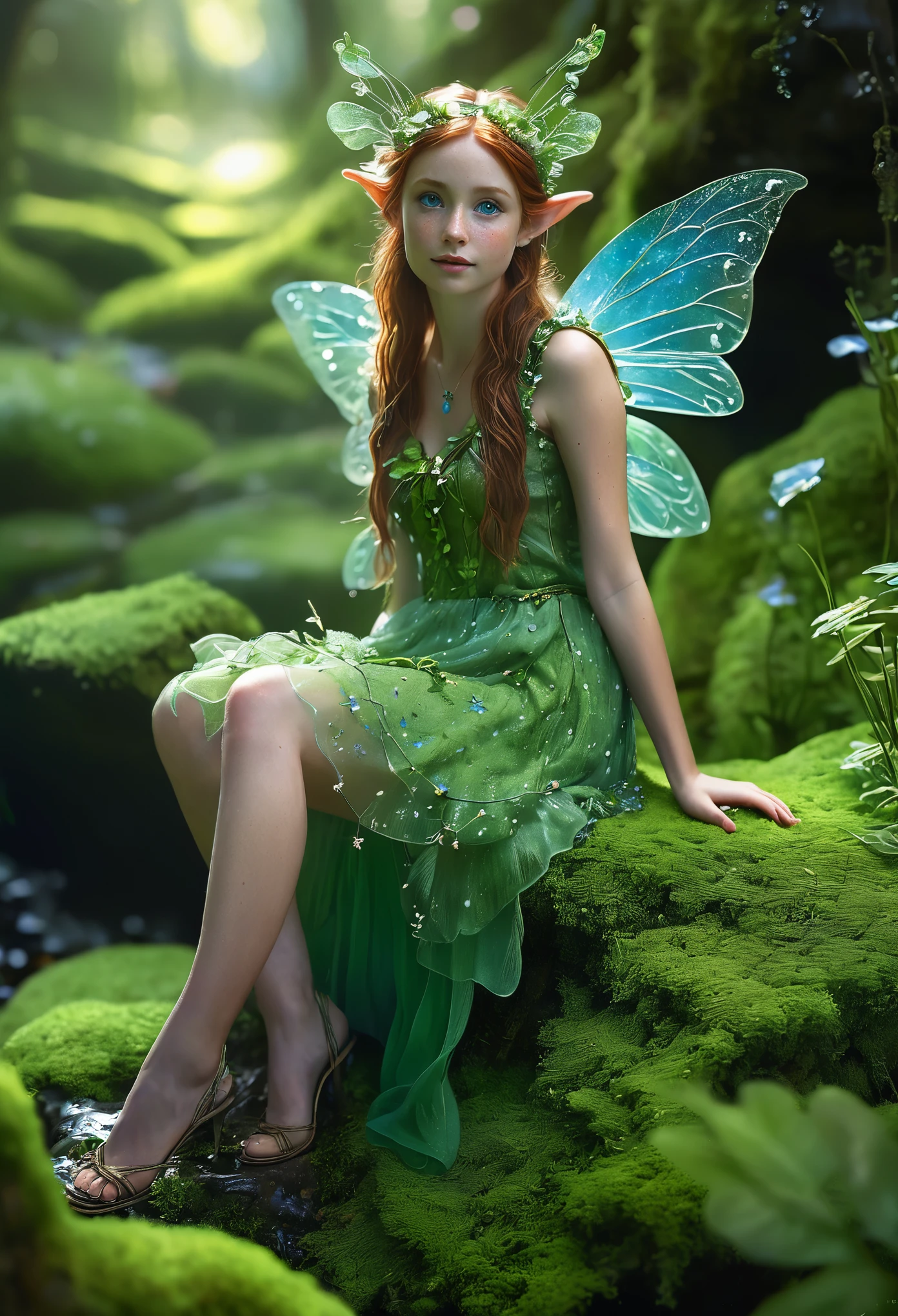 A fairy dressed in a green fairy dress, long ears, freckles and blue eyes. She is sitting on a rock that is covered in green moss. Lots of nature fantasy art by Greg Rutkowski, radiant light, ultra detailed, cinematic, sharp focus