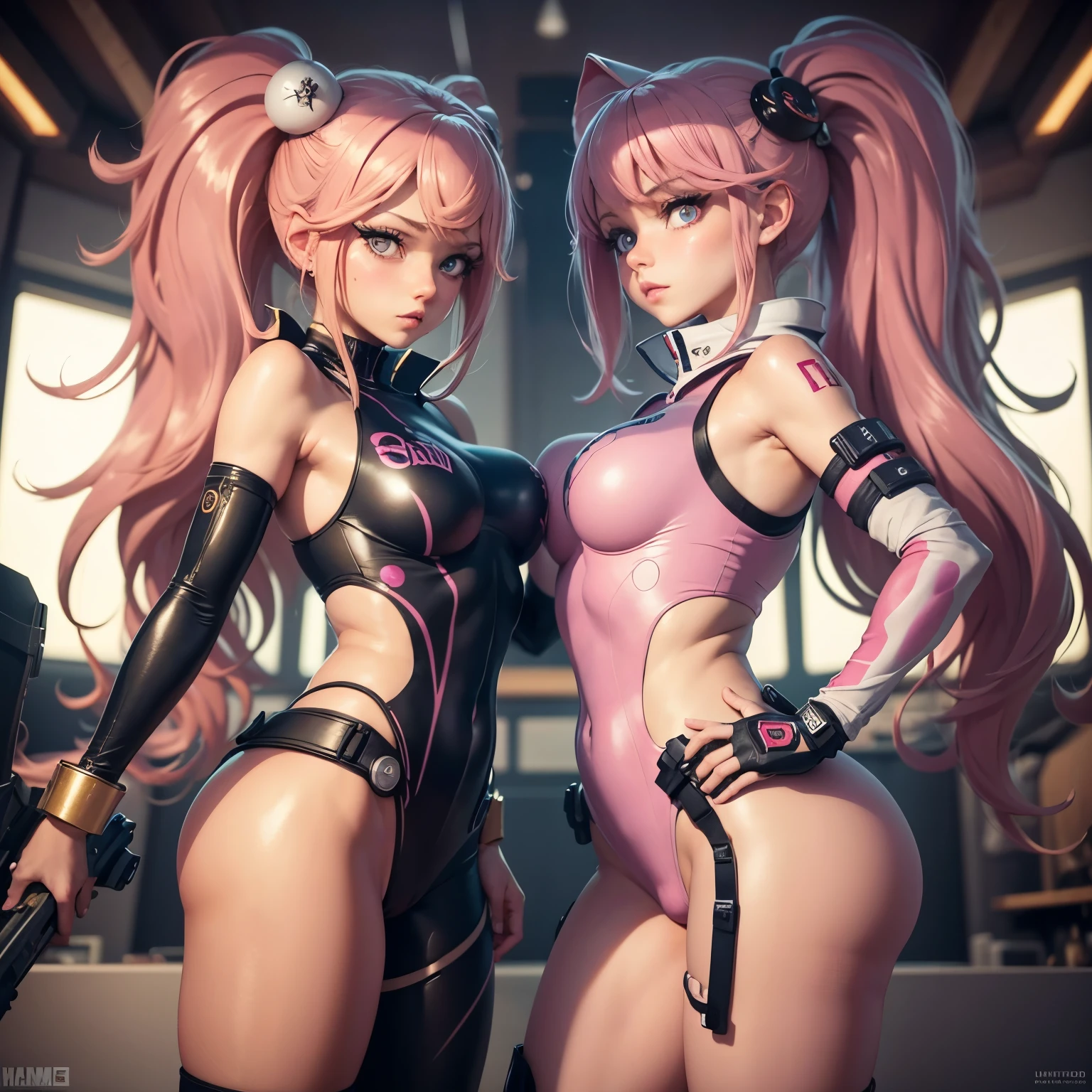 （tmasterpiece：1.3），（best qualtiy：1.3），......。.。.3D，8K，1个Giant Breast Girl，solo，with pink hair，Pink eyes，shelmet，full bodyesbian，Tight combat uniform，tightsuit，mitts，gun holster，hand gun，unified，Q version，huge tit，slimfigure，Cocked buttocks，Stretch meat