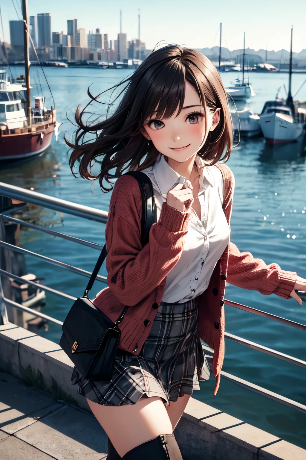 very cute and beautiful girl,teen,(highly detailed beautiful face),(gray blouse),(smile),
cowboy shot,(red cardigan:1.2),long sleeve BREAK zettai ryouiki,(brown shoulder bag),(plaid brown mini skirt:1.3),
walking,stylish pose,wavy hair,black hair,(black boots),
(Yokohama:1.2),(port town,harbor,cityscape overview:1.2),detailed landscape,
(best quality,masterpiece),absurdres,highres,ultra-detailed,extremely detailed,32k,8k resolution,
intricate details,cinematic scene,detailed background,solo,dynamic angle,
hair fluttering in the wind,beautiful detailed sky,
