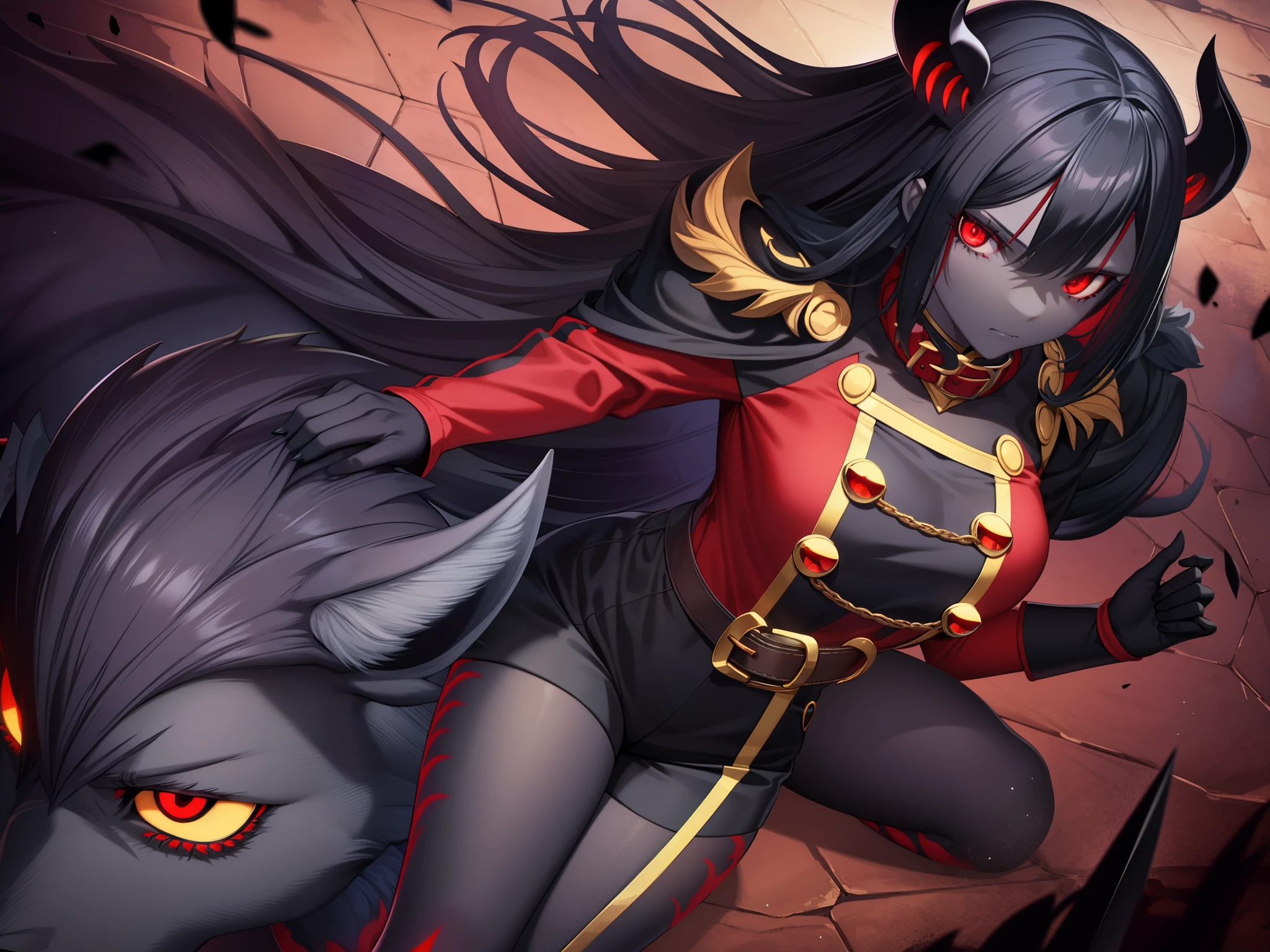 Hellhound, monster girl encyclopedia, black skin, black sclera, red eyes