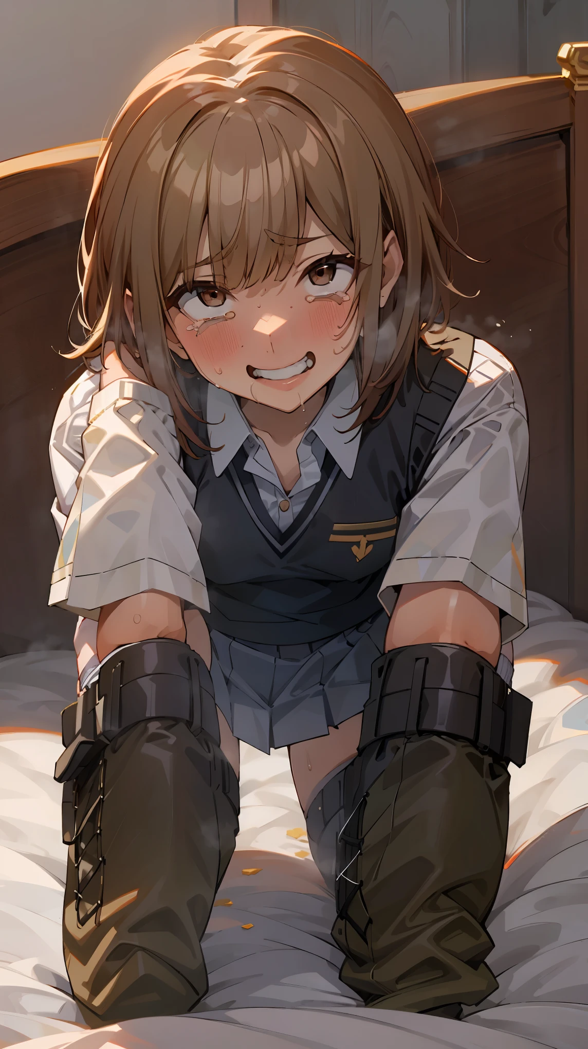  masterpiece,best quality, superior_Mikoto,alone, brown eyes, short_hair, small_chest, Student uniforms, tokiwadai_School_uniform, white shirt, sweater vest, gray mini skirt, , white loose socks, Sweat,simple bed、simple bedroom、Ahegao、激しいAhegao、your face when you climax、発情してSweatをかく、blush、runny nose and tears、human dog suit、restraints、get down on all fours、It&#39;s painful and I grit my teeth、grin