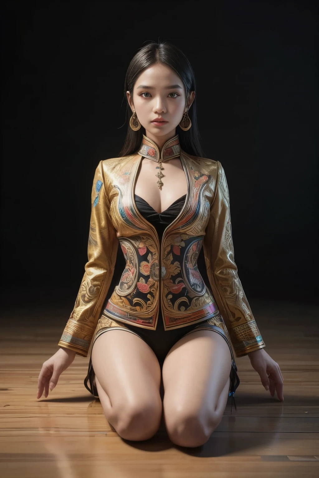 An Indonesian-styled futuristic suit worn by a girl depicting cultural fusion and modern fashion. The suit is adorned with intricate patterns and vibrant colors, showcasing the rich heritage of Indonesia. The girl stands confidently in a dynamic pose, with her detailed eyes reflecting determination and curiosity. The suit's material is a combination of traditional textiles and futuristic synthetic fabrics, giving it a unique and avant-garde appearance. The overall image quality is of the highest standard, with sharp focus and ultra-detailed rendering. The artwork employs physically-based rendering techniques, resulting in realistic lighting and shadows. The colors are vivid and vibrant, capturing the essence of Indonesian cultural aesthetics. The background features a fusion of modern architecture and traditional elements, creating a harmonious blend of the past and the future. The prompt explores the intersection of Indonesian culture, futuristic design, and the artistic representation of a confident girl