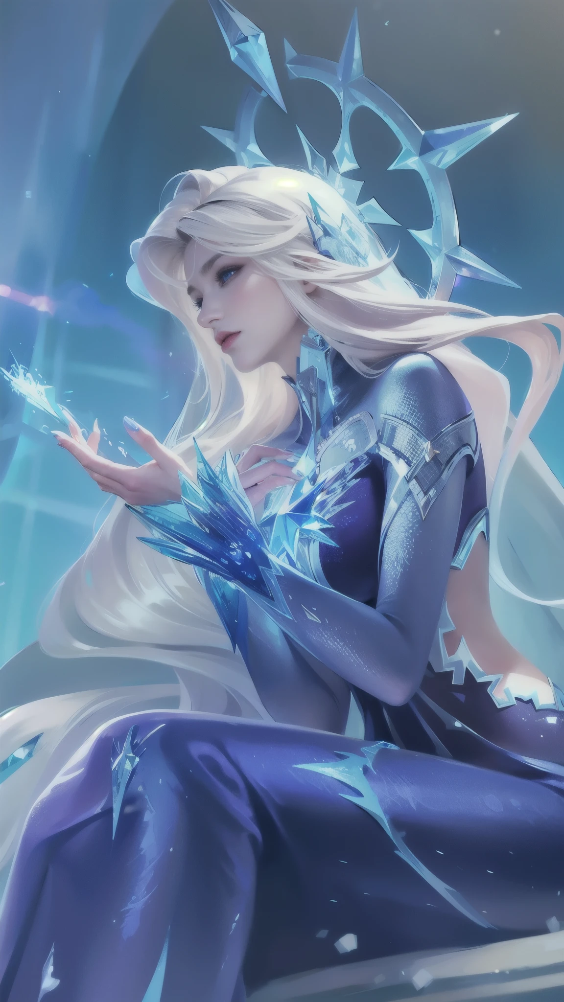 (female:1.2), 8k, ultra hd, ultra detailed texture, hyper realistic, masterpiece, detailed texture, detailed face, detailed skin, detailed lighting, (photorealistic:1.5), best quality, beautiful lighting, cinematic lighting, professional lighting, ultra highres, realistic, detailed hair, real hair, high quality, (realskin:1.5), extremely detailed, finely detail, ultra-detailed, red lips, long hair, white hair, aurora \(mobile legends\), depth of field, white skin, amazing pose, outdoors, glowing, there is a woman sitting on a rock with a crystal in her hand, ice sorceress, queen of ice and storm, ice mage, ice queen, crystalline skin, beautiful ancient frost witch, ice spell, goddess of winter, beautiful celestial mage, crystal maiden, blue eyes