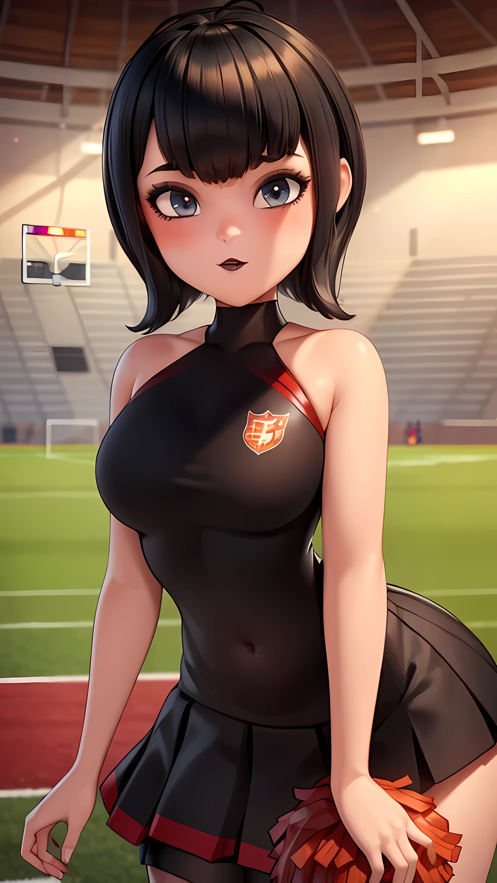 mevis, 1girl, cheerleader outfit, pom-poms, football court, short hair, black hair, solo focus, black eyes, stretching, makeup, lipstick, black lips, (insanely detailed, beautiful detailed face,beautiful detailed eyes, masterpiece, best quality) , solo, (full body)