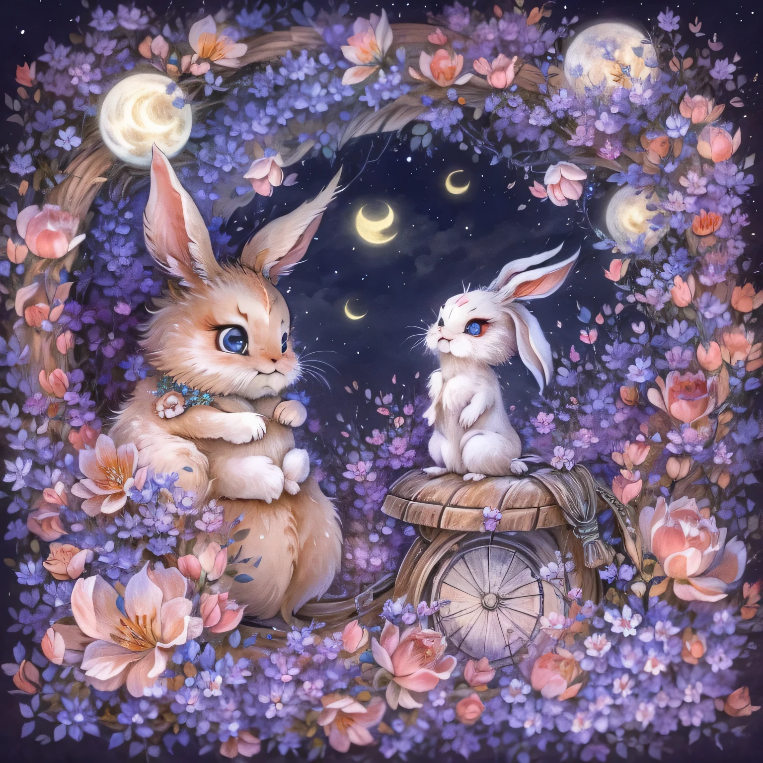 Tu Shanze， moon， cloud， sky sky， smart rabbit，standardization（curly）， night， jewelry， traditional media， flowers， high quality，Romantic。