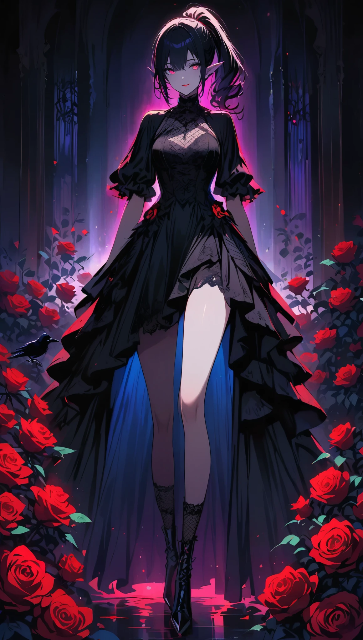 （dark atmosphere，Goethe fashion，bright colors），（best quality，Super exquisite，），Sexy goth elf girl，rose garden at night，beautiful and delicate eyes，Blue pointed black straight ponytail，Crow feathers，red lipstick，mysterious smile，Pale complexion，Fishnet socks，black lace dress，Pointed-toe boots，mysterious aura，The moonlight reflects her elegant silhouette，Soft shadows and soft highlights，Contrasting colors create a vibrant atmosphere，Dark and moody color palette，Subtle yet dramatic lighting effects，Sublime darkness intertwined with exquisite moonlight