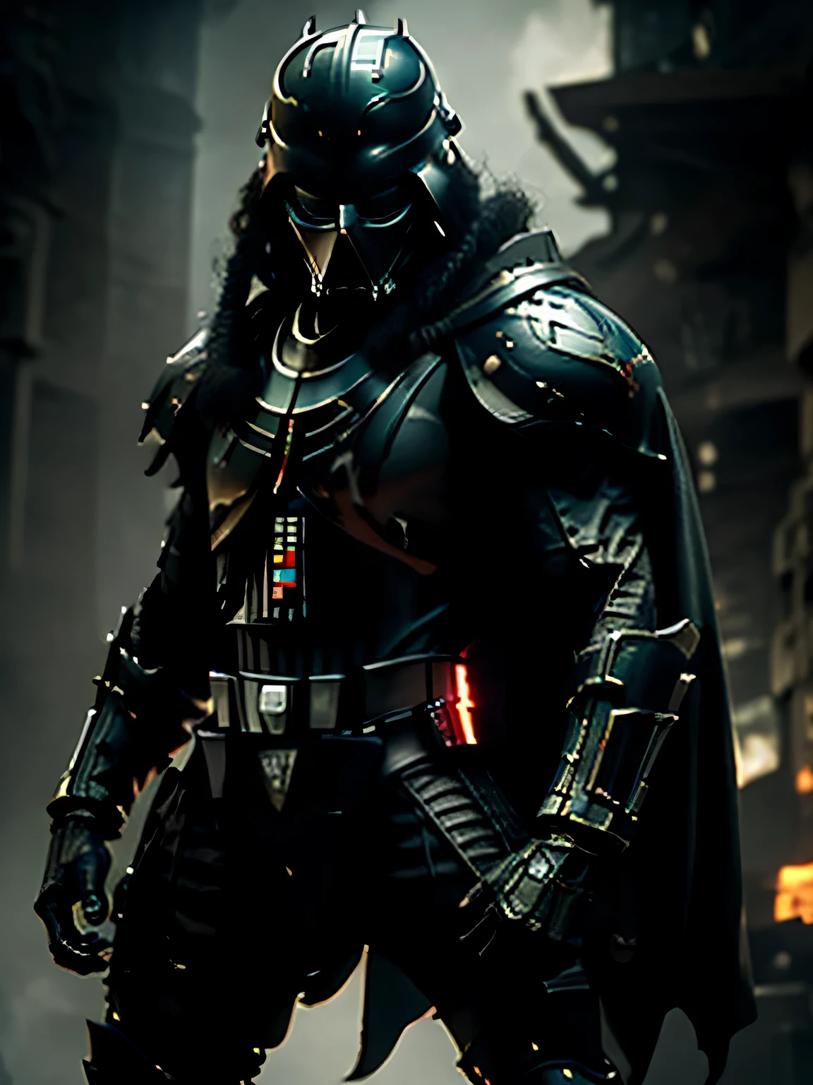 Create a detailed and imposing image of a character that is a hybrid of Darth Vader and the Predator. The character should have the classic silhouette of Darth Vader, complete with the iconic helmet and cape, but with the Predator’s distinctive dreadlocks and bio-mask features. The color scheme should be a blend of Vader’s black with the Predator’s natural armor tones. The character stands in a powerful stance, with one hand holding a lightsaber and the other showcasing the Predator’s wrist blades. The background is a dark, foreboding landscape that reflects the menacing aura of both characters. This image should capture the fusion of technological terror and primal hunter, creating a masterpiece that is both epic and award-winning