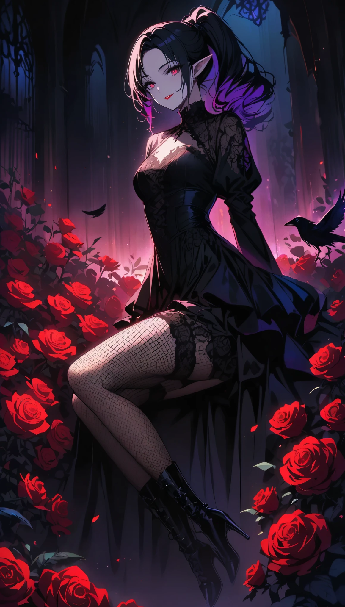 (dark atmosphere,Goethe fashion,bright colors),(best quality,Super exquisite,),Sexy goth elf girl,rose garden at night,beautiful and delicate eyes,Blue pointed black straight ponytail,Crow feathers,red lipstick,mysterious smile,Pale complexion,Fishnet socks,black lace dress,Pointed-toe boots,mysterious aura,The moonlight reflects her elegant silhouette,Soft shadows and soft highlights,Contrasting colors create a vibrant atmosphere,Dark and moody color palette,Subtle yet dramatic lighting effects,Sublime darkness intertwined with exquisite moonlight