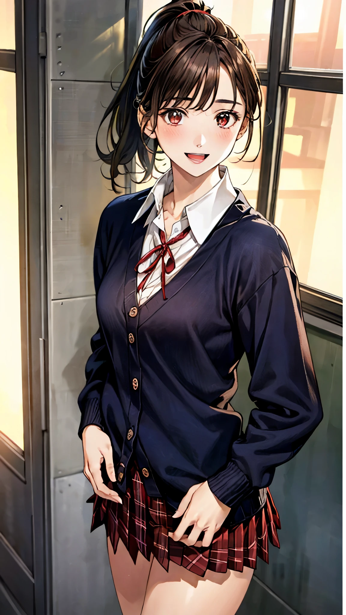 (masterpiece:1.3, top-quality, ultra high res, ultra detailed), (realistic, photorealistic:1.4), beautiful illustration, perfect lighting, natural lighting, colorful, depth of fields,
beautiful detailed hair, beautiful detailed face, beautiful detailed eyes, beautiful clavicle, beautiful body, beautiful chest, beautiful thigh, beautiful legs, beautiful fingers,
looking at viewer, front view:0.6. 1 girl, japanese, high school girl, perfect face, (perfect anatomy, anatomically correct), cute and symmetrical face, babyface, , shiny skin,
(short hair:1.7, high ponytail:1.6, brown hair), crossed bangs, dark brown eyes, slant eyes, long eye lasher, (medium breasts), slender,
((collared white shirt, dark red plaid pleated skirt, dark red neck ribbon)), navy school socks, , ((long sleeve navy cardigan with white line), (closed cardigan))),
(beautiful scenery), evening, (school hallway), standing, (hands on hips), (happy smile, open mouth),