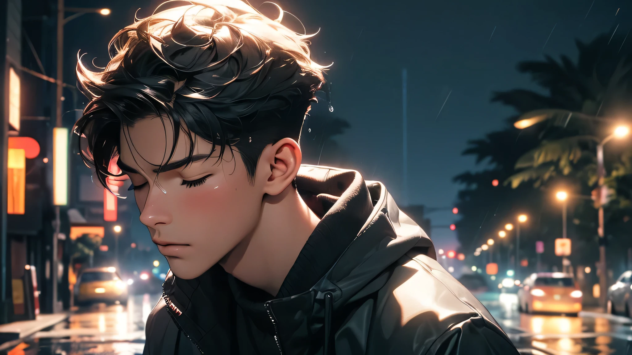 1boy,closed eyes,black background,absurdres,masterpiece,highres,intricately detailed,a gay man,sexy,muscular,strutting outdoors,gorgeous eyes,detailed face,pouring rain,outdoors,global illumination,subsurface scattering,