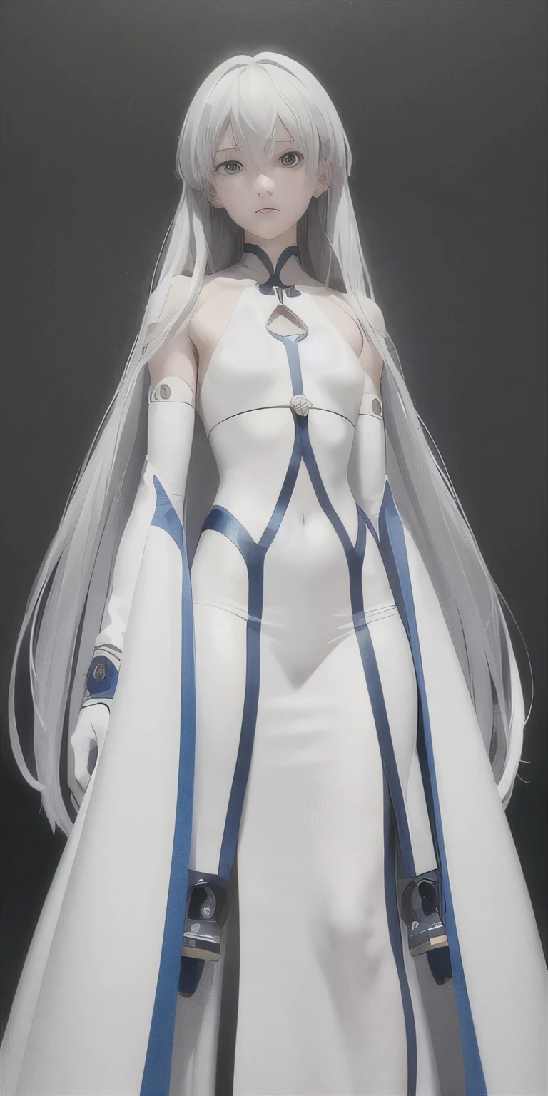 highest quality, masterpiece,gray hair, blue eyes, look up, whole body,white clothes,long hair,troubled face,rei ayanami,