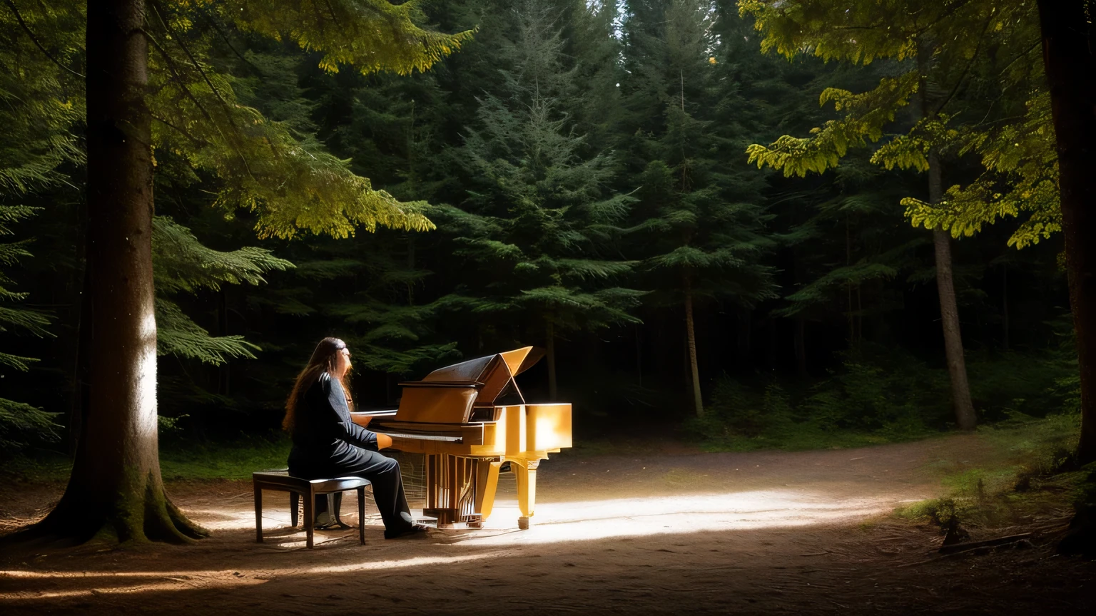 Man with long hair strumming a guitar, singing gospel tunes in a forest setting, piano softly playing in the background, lights casting a warm and intricate glow around him, details emphasized, high-quality image, cinematic and dramatic, clear focus, volumetric lighting, good shadows, subtle highlights, intricate and highly detailed, gospel singer in the woods, piano accompaniment, long-haired man, forest backdrop, many lights, piano in the background, singer-songwriter scenario, realistic and detailed, soothing and emotional, high resolution, 4k definition, natural light, soft and dreamy, masterpiece-level image, best-quality rendering, blending realism and