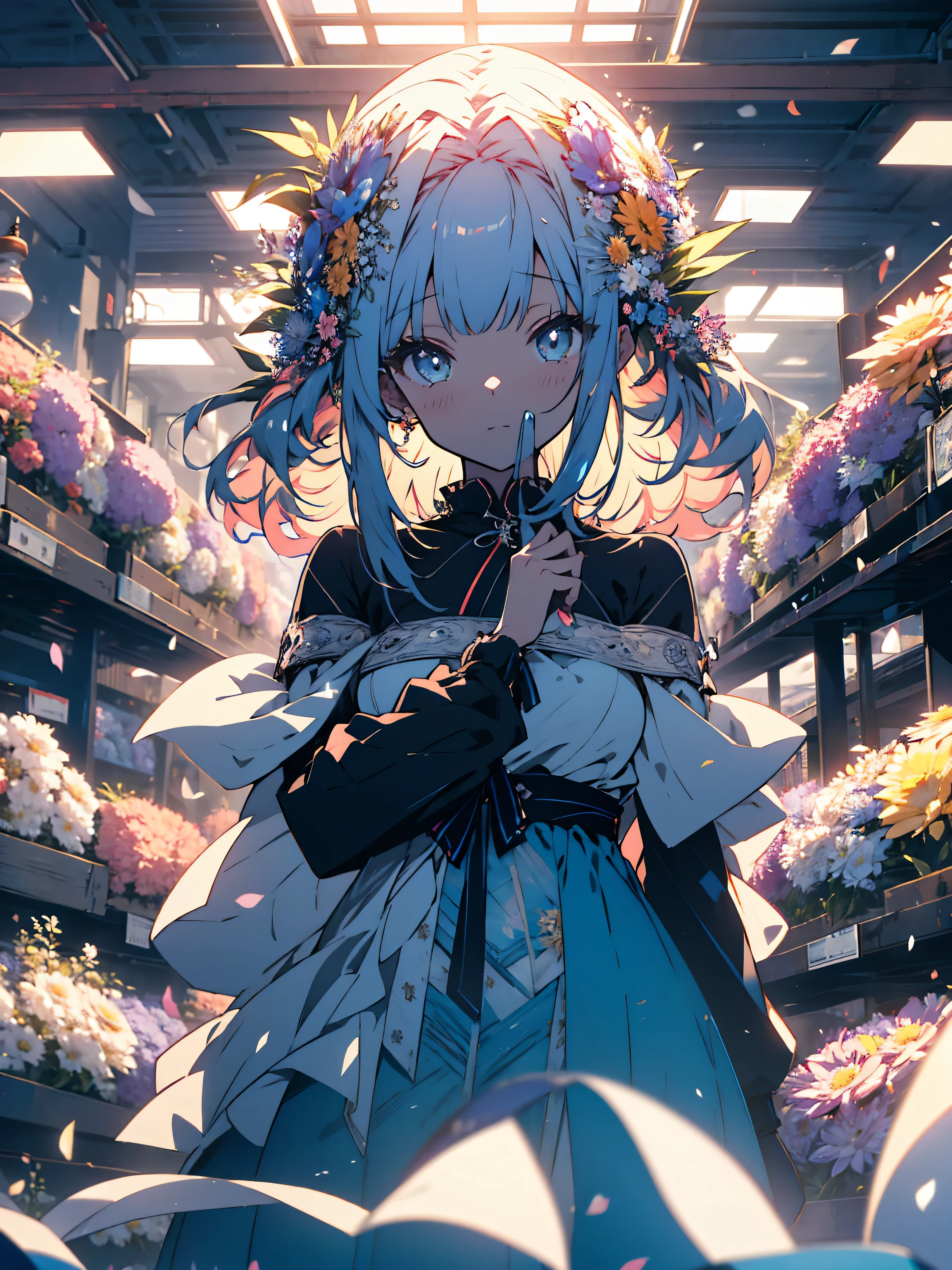 (very be familiar with anime、 8k wallpaper), lit, sea of flowers, flowers, (1 girl), whole body,(off shoulder dress、A lot of floral decorations)、 K-POPアイドル,colorful colors、bright atmosphere、(beautiful anime)、cute、(highest quality、masterpiece、High resolution、be familiar with)、(shining eyes、be familiar with美しい顔)
