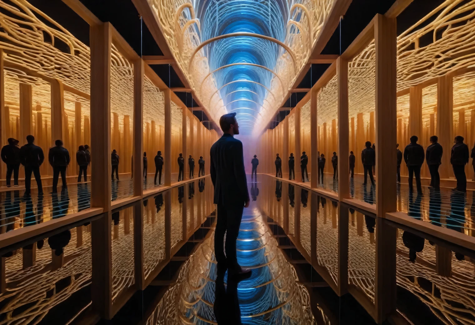 The Art of Reflection, Mirror maze, a man stands in the center of a Mirror maze, Mirrored walls, an infinite number of human reflections, photographic, realistic, detailed