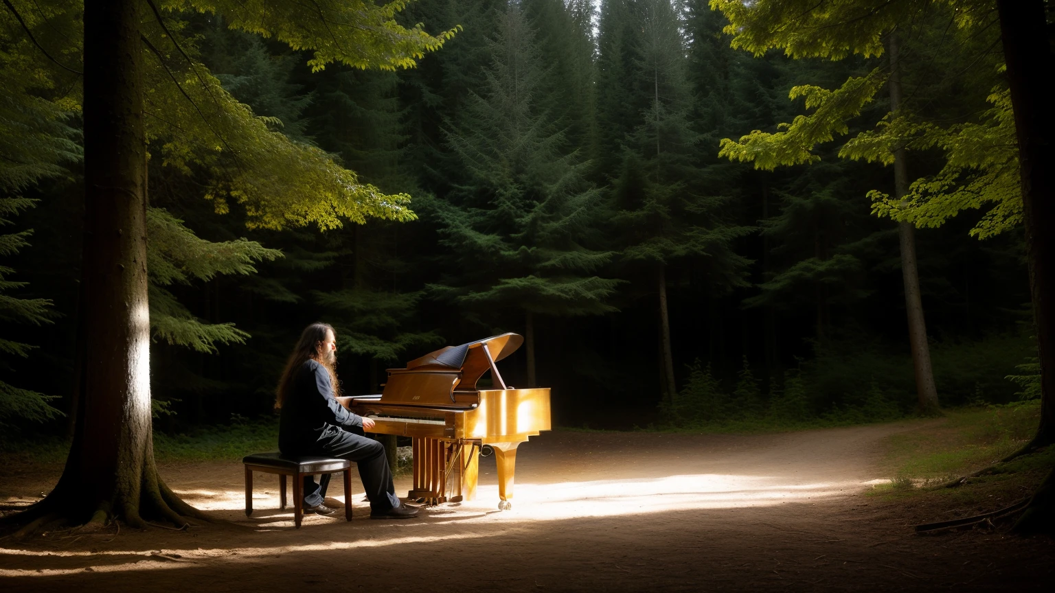 Man with long hair strumming a guitar, singing gospel tunes in a forest setting, piano softly playing in the background, lights casting a warm and intricate glow around him, details emphasized, high-quality image, cinematic and dramatic, clear focus, volumetric lighting, good shadows, subtle highlights, intricate and highly detailed, gospel singer in the woods, piano accompaniment, long-haired man, forest backdrop, many lights, piano in the background, singer-songwriter scenario, realistic and detailed, soothing and emotional, high resolution, 4k definition, natural light, soft and dreamy, masterpiece-level image, best-quality rendering, blending realism and
