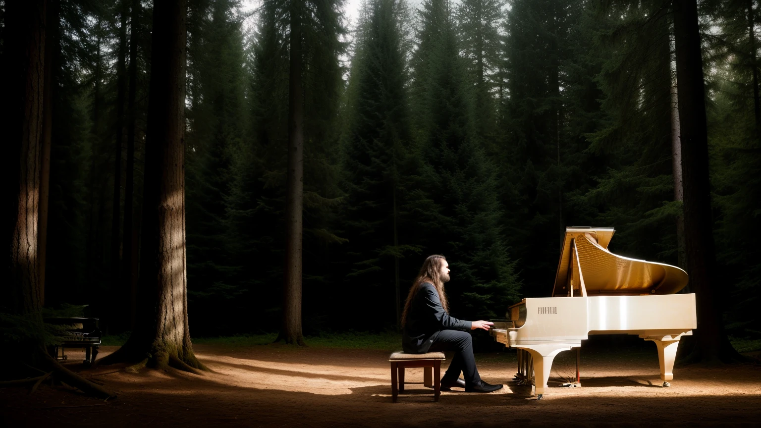 Man with long hair strumming a guitar, singing gospel tunes in a forest setting, piano softly playing in the background, lights casting a warm and intricate glow around him, details emphasized, high-quality image, cinematic and dramatic, clear focus, volumetric lighting, good shadows, subtle highlights, intricate and highly detailed, gospel singer in the woods, piano accompaniment, long-haired man, forest backdrop, many lights, piano in the background, singer-songwriter scenario, realistic and detailed, soothing and emotional, high resolution, 4k definition, natural light, soft and dreamy, masterpiece-level image, best-quality rendering, blending realism and